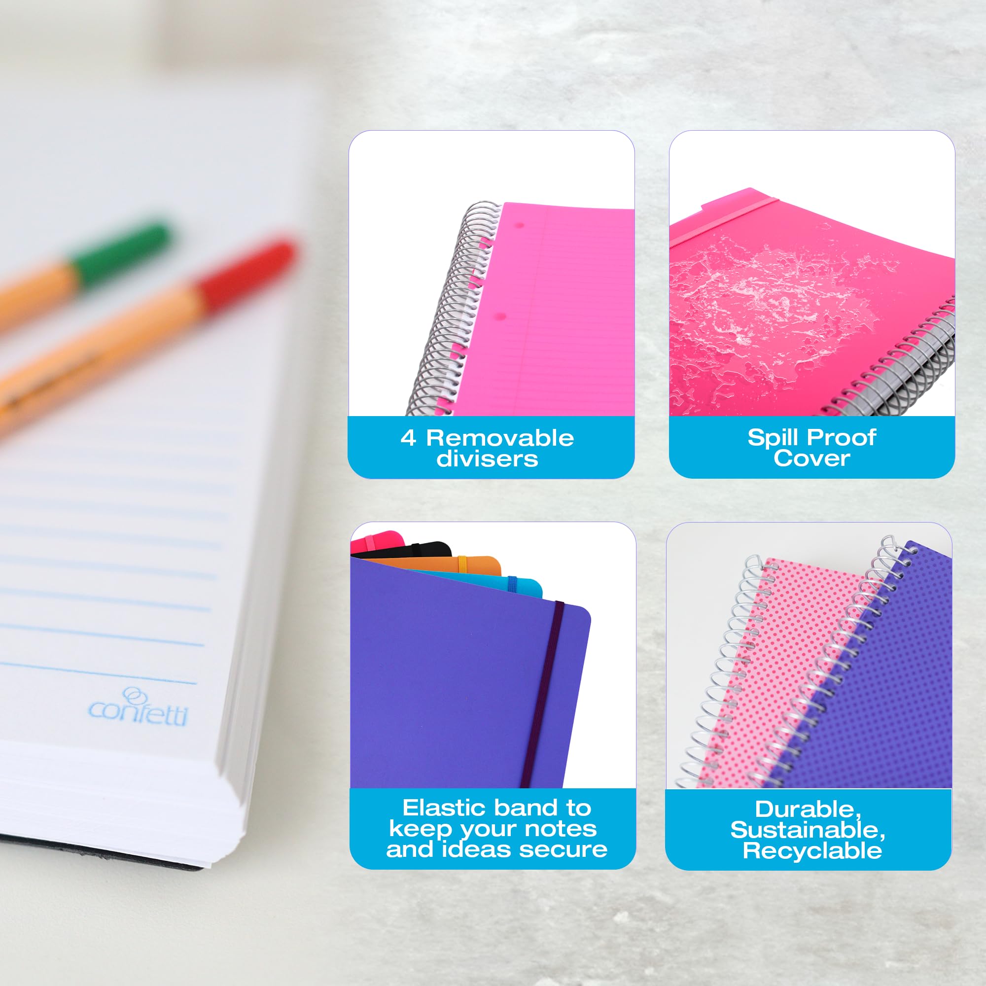 Confetti Cahier à spirales perforé pour école et bureau, reliure à spirale robuste avec 4 intercalaires et poche de rangement – 200 feuilles – Rose