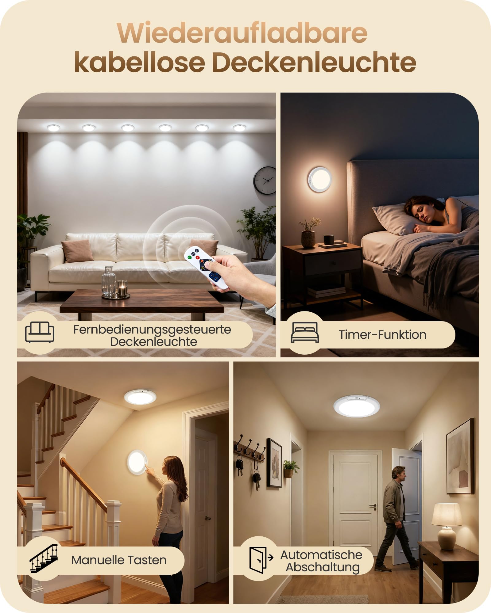 Aufladbare LED-Deckenleuchte mit Bewegungsmelder, 4er-Set | LED-geeignet; Augenschonend; nachttischlampe holz, nachttischlampe grün; Schlafzimmer, Wohnzimmer; Augenschonend