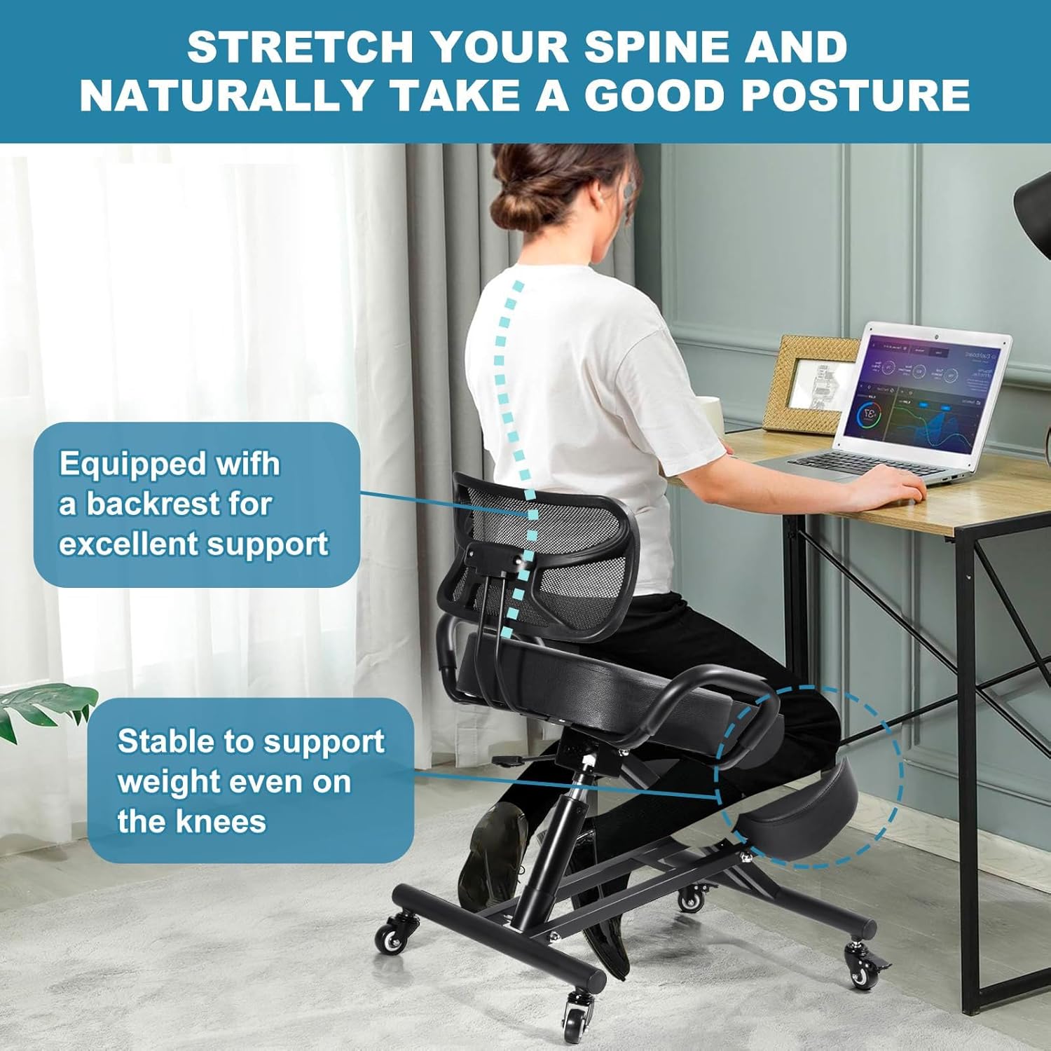 Ergonomic Kneeling Chair, Lumbar Support Kneeling Chair with Adjustable Height and Footrest for Desk Work for Home and Work, Improve Your Postures, 4" Thick Comfortable Cushions, Locking Wheels
