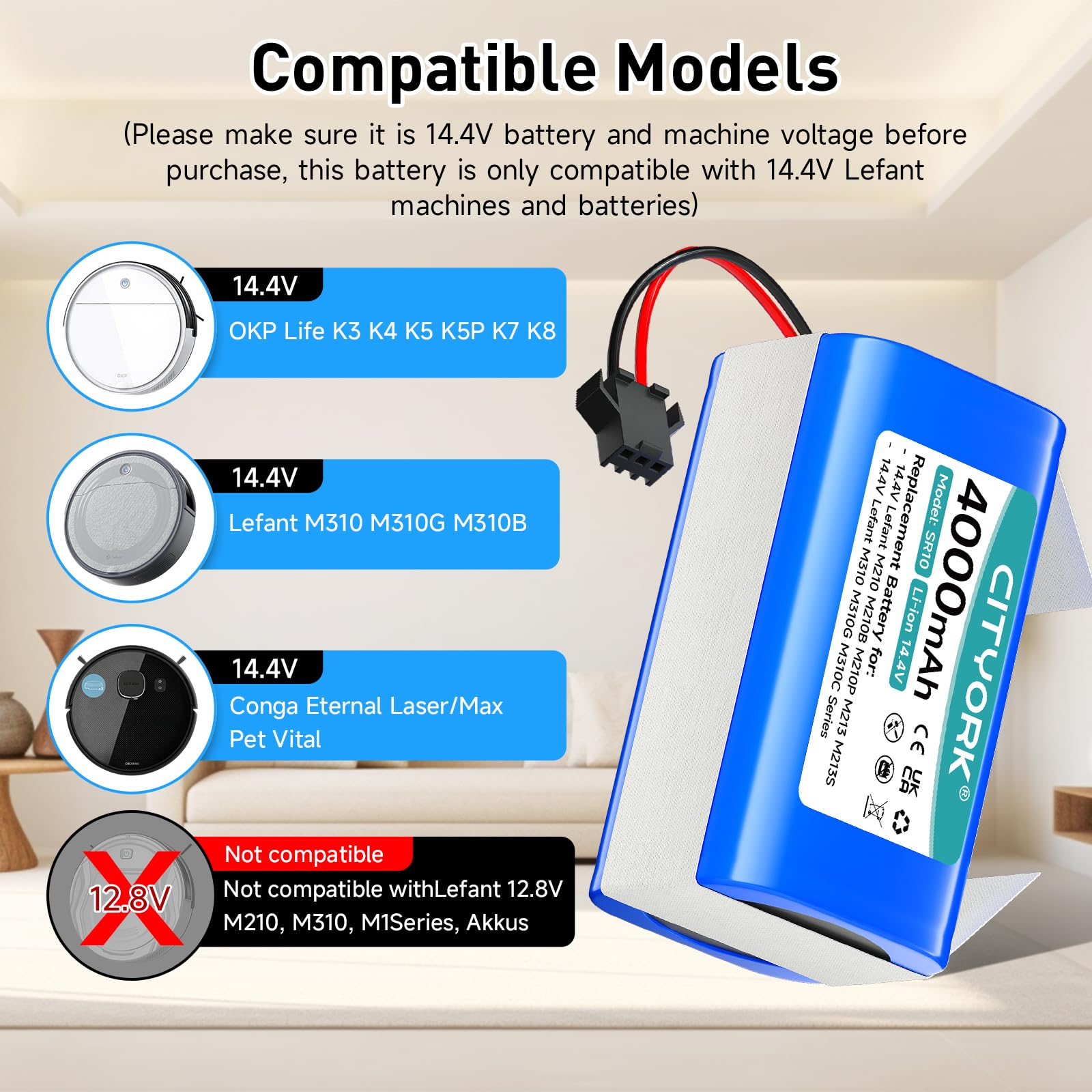 CITYORK 14,4V/4000mAh Batterie pour OKP Life K3 K4 K5 K5P K7 K8, pour Lefant M310 M310G M310C, pour 14,4V Lefant M201 M210 M210B M210P Batterie (Non Compatible avec 12,8V Lefant M210/M310 Ultra