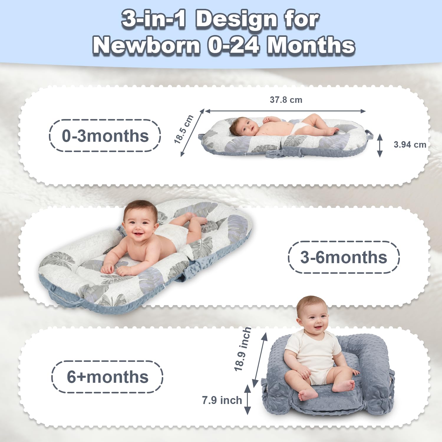 Babynest Nestchen für Neugeborene, Tragbarer 3-in-1 Baby Lounger 0-24 Monate, Klappbares Bauchzeitkissen & Babysitzstütze, Abnehmbarer Bezug aus 100% Baumwolle & Samt, Ideal als Babygeschenk