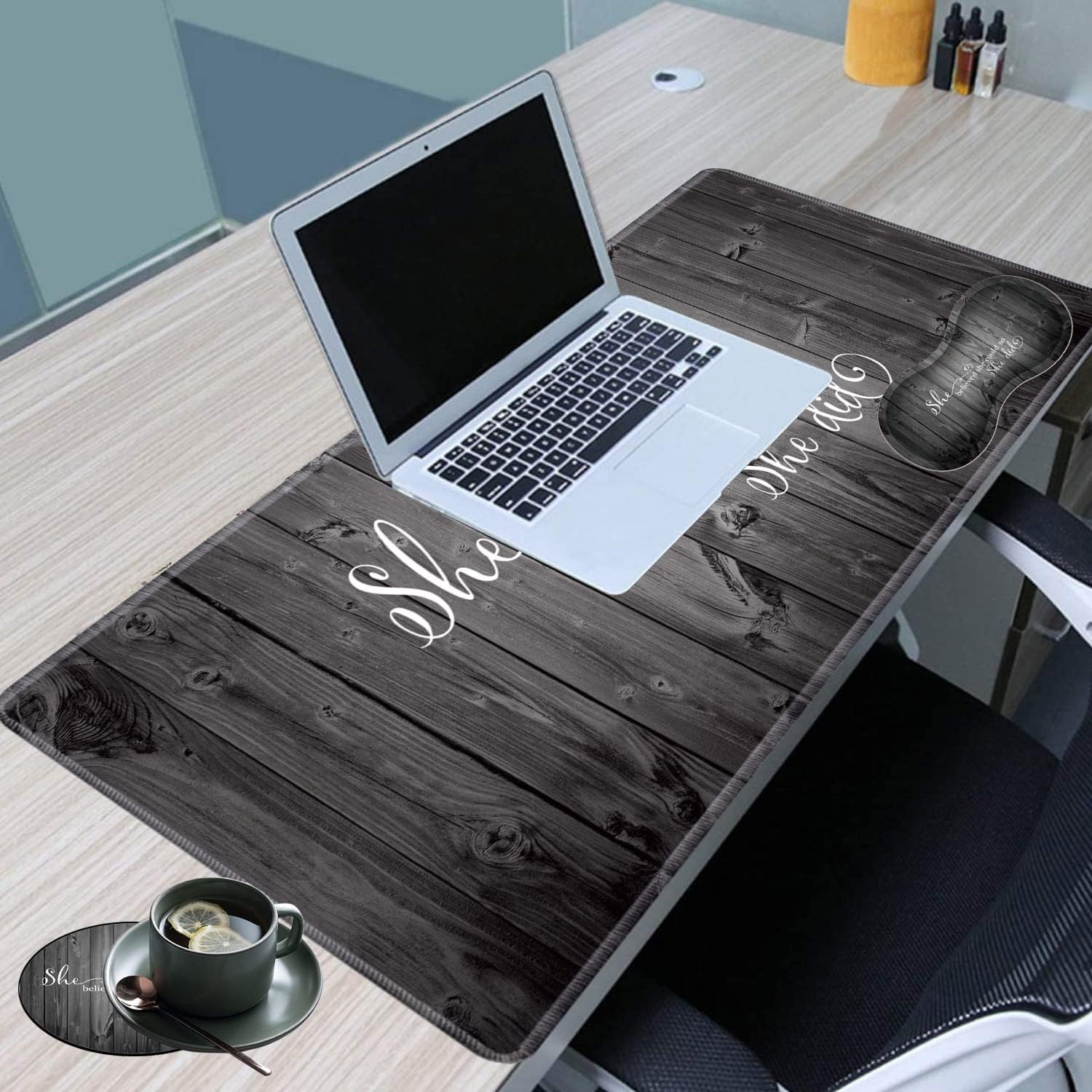 Large Game Mouse Pad + Wrist Support Pad + Coffee Coaster, She Believed She Could,So She Did Foldable Table Mat with Stitched Edge, Non-Slip Set Pad Suitable for Office Work and Home