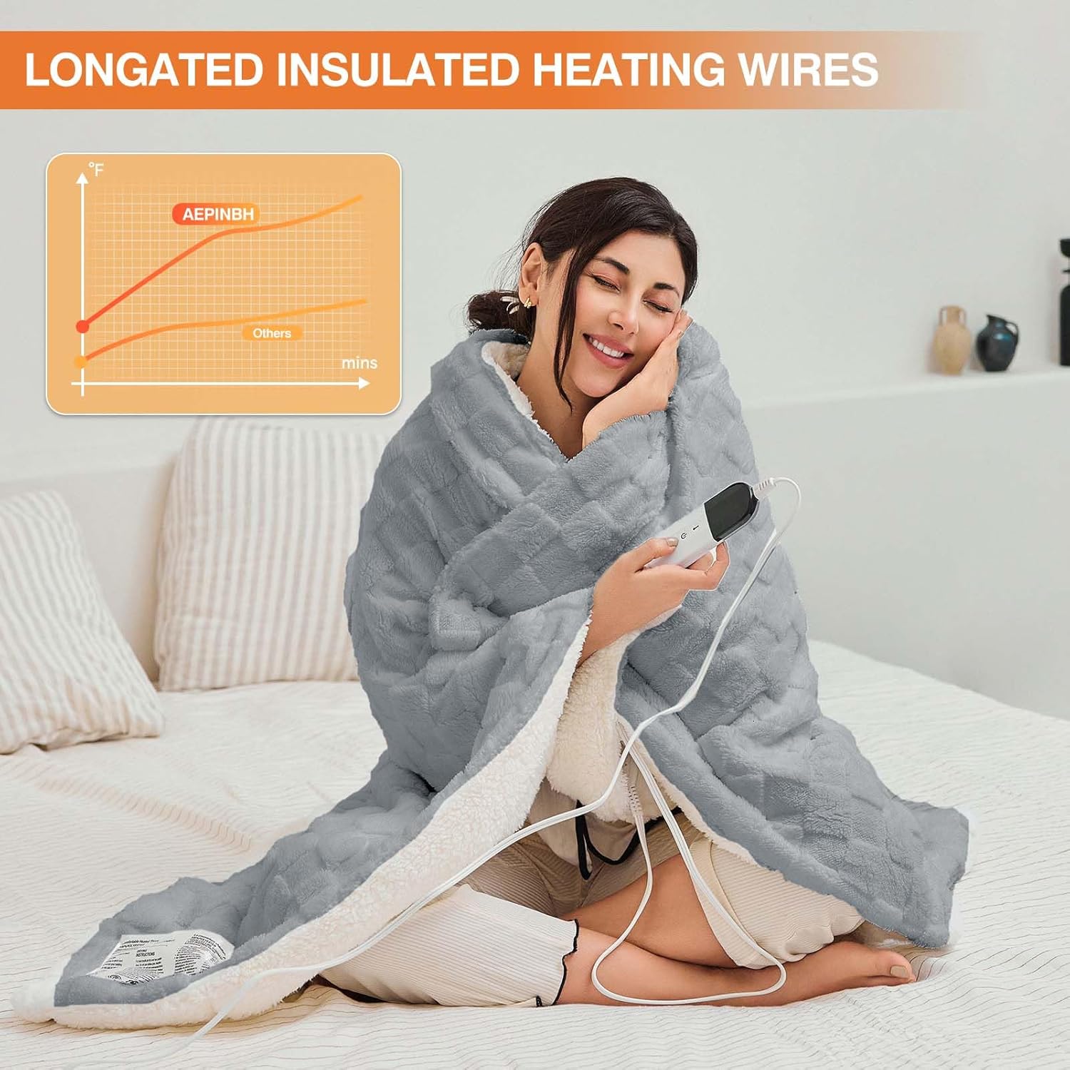 Electric Blanket, 84" x 90" Heated Blanket with 6 Heat Levels & 10 Hours Auto Off, Soft Checked Flannel Fast Heating Blanket with ETL & FCC Certification, Gray - Image 4