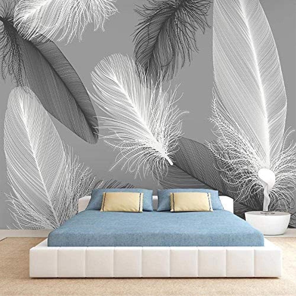 Papier peint 3D plume noir et blanc anti-reflet idéal comme fond de meuble TV