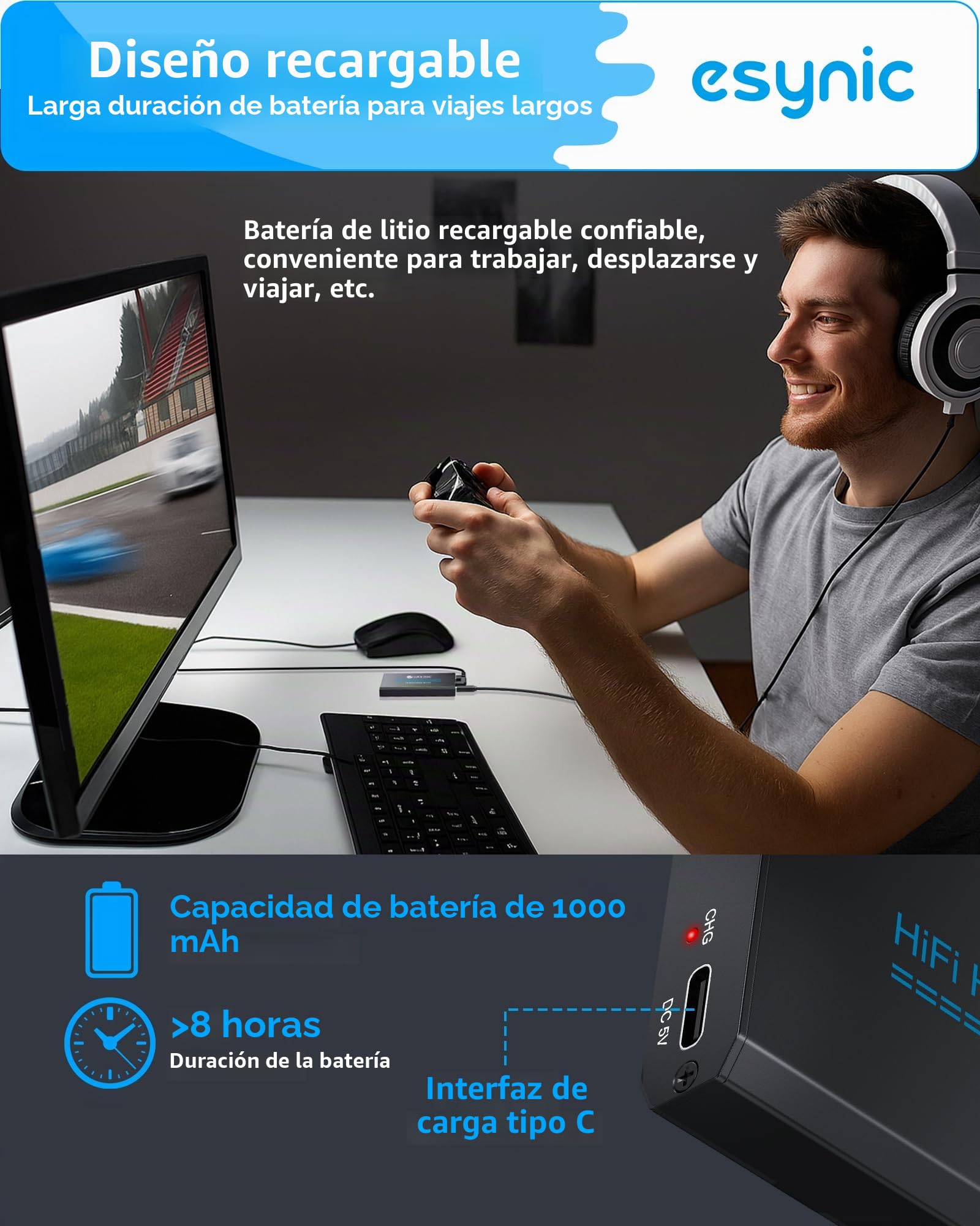 eSynic Amplificador de Auriculares Profesional 16-600Ω con Ganancia de Graves - Amp Portátil de 3,5 mm y Recargable, Superficie de Aluminio Mate, para Móviles, PC, MP3, MP4, etc.