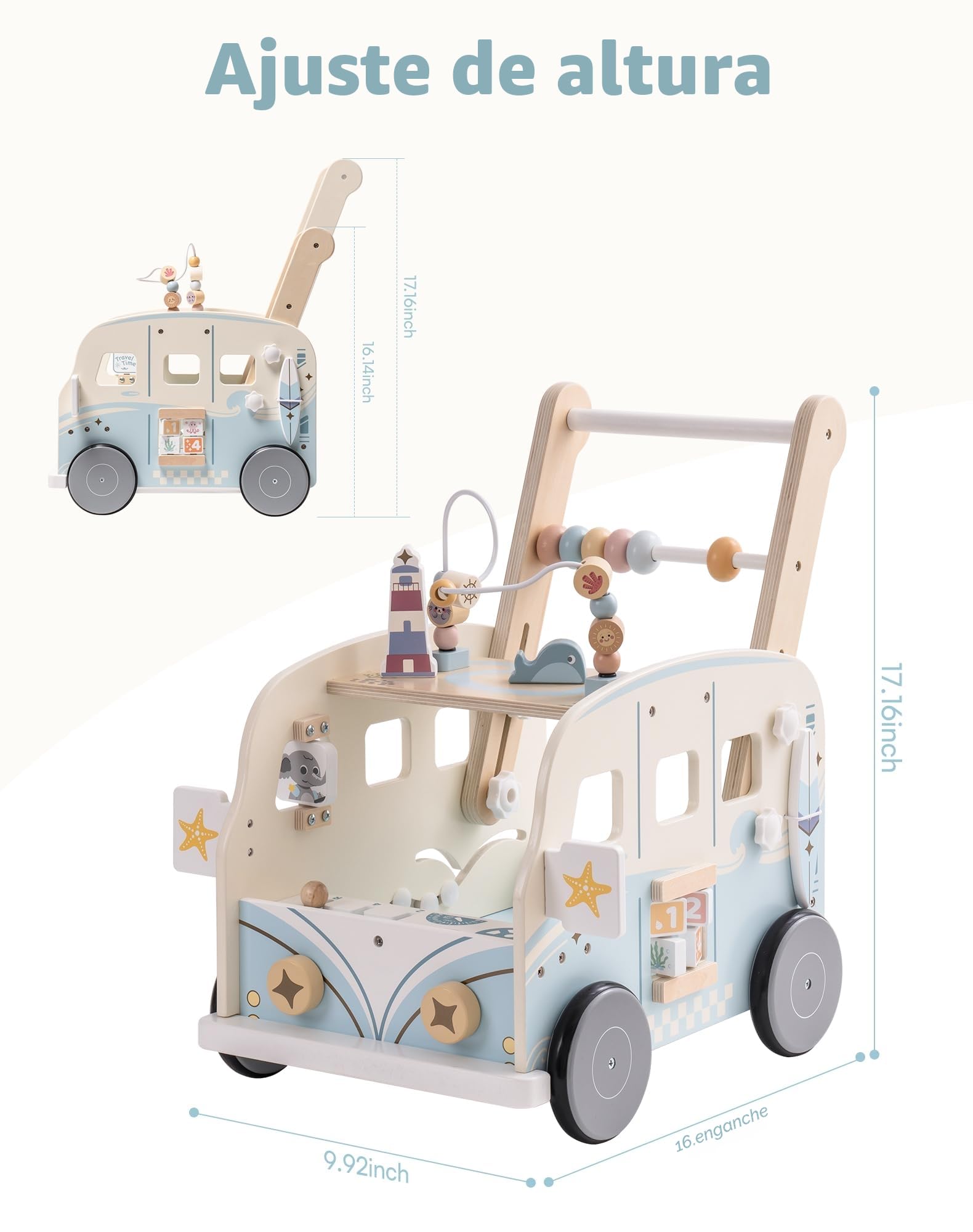 ROBUD Andador Bebes para Niños, Andador de Madera con ruedas y bloques de construcción, Juego de centro de actividad, Juguete para niños, regalo para niñas y niños