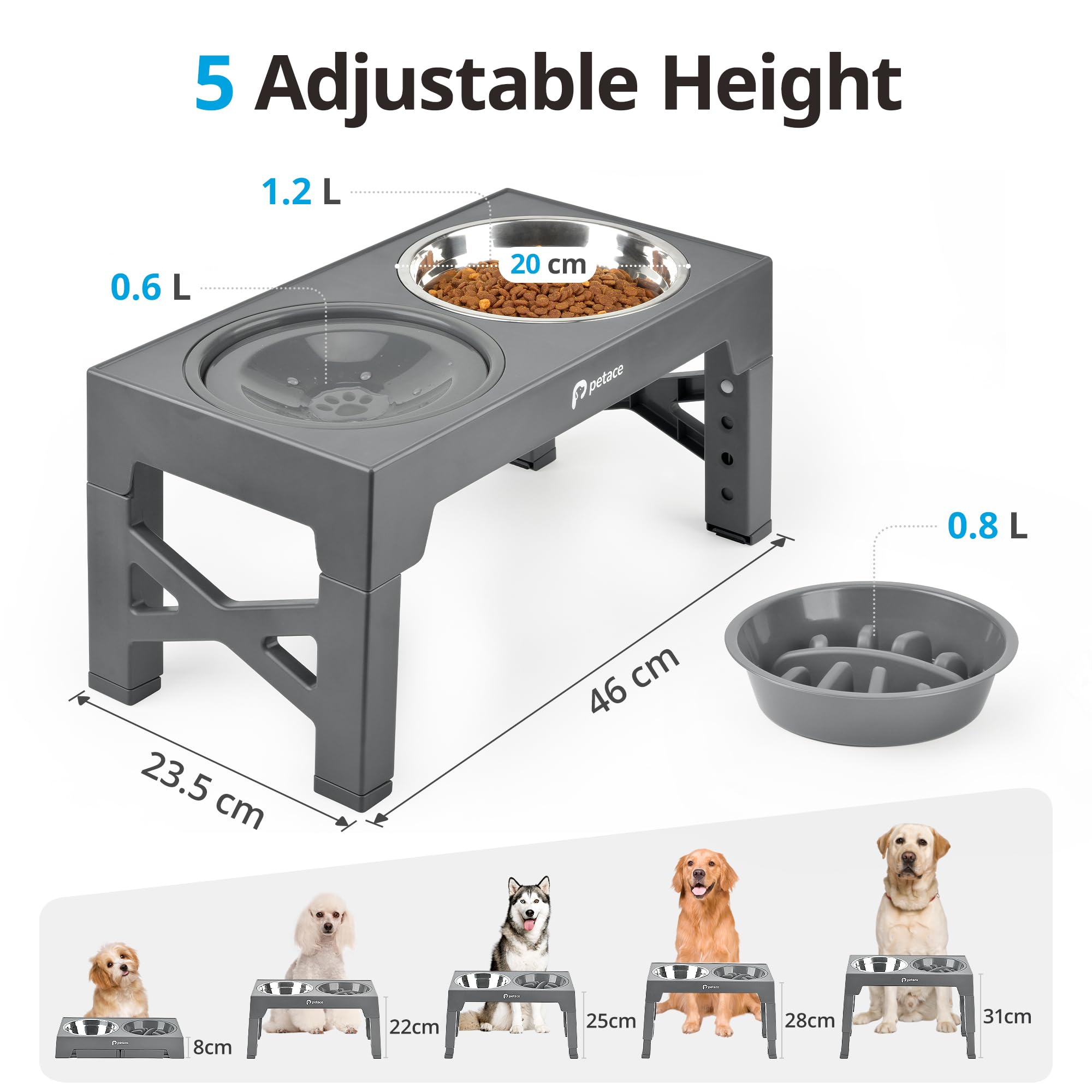 Comedero Elevado de Acero Inoxidable, Antivoracidad y Antigoteo, Ajustable para Perros Pequeños, Medianos y Grandes, Gris