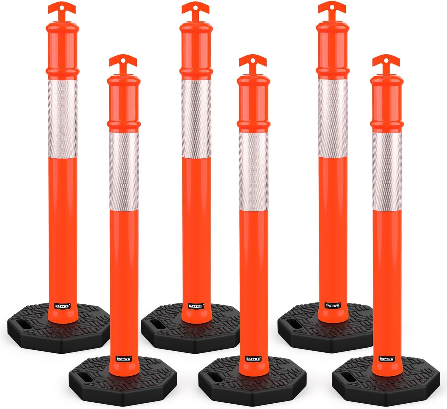 BATTIFE 45" Delineator Post with Base, Traffic Delineator Cones with Reflective Collar for Driving Practice, Construction Work (6, Orange, 45 inch)