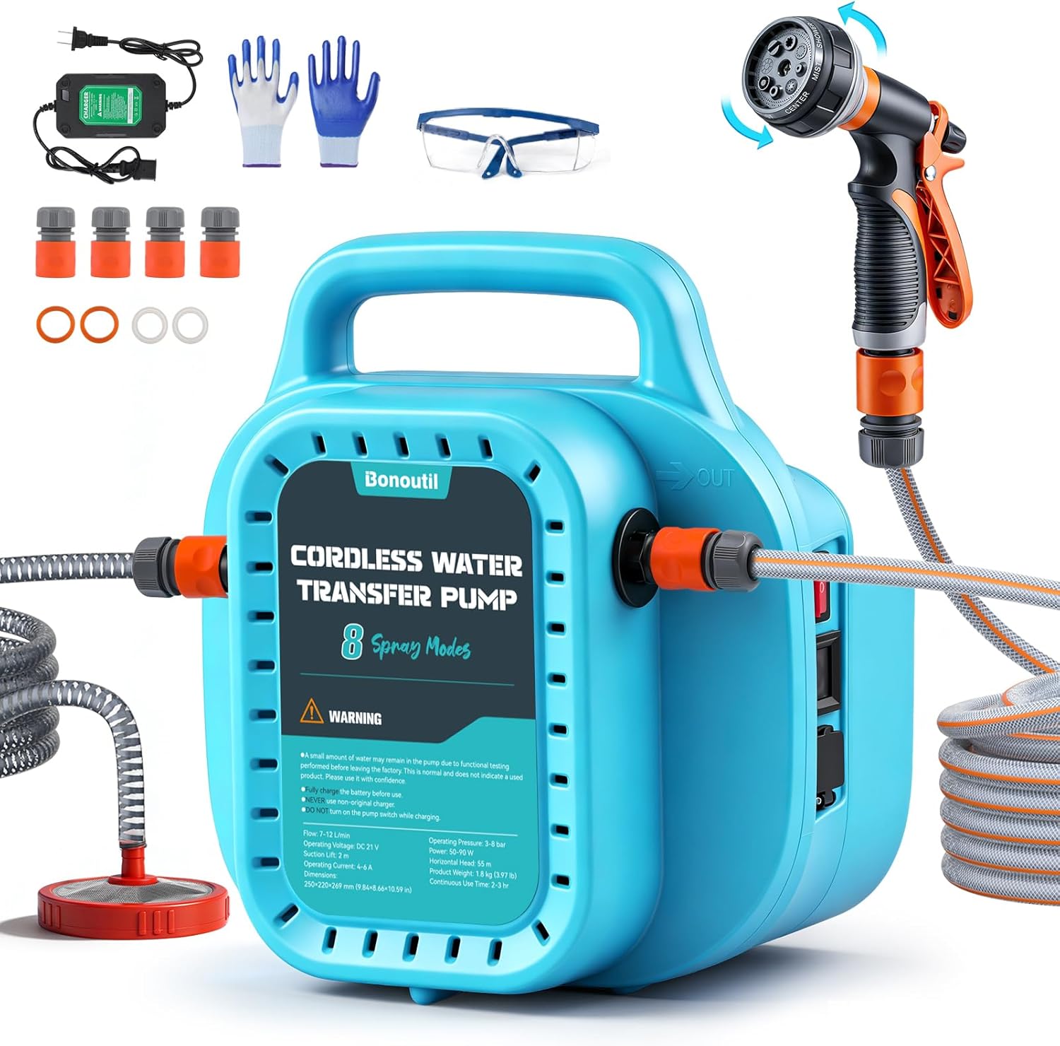 21V Battery Powered Water Pump Cordless Water Transfer Pump Battery Operated with Garden Hose Nozzle 8 Spray Modes Portable Pressure Washer Watering Car Washing Tub Fish Tank Inflatable Pool