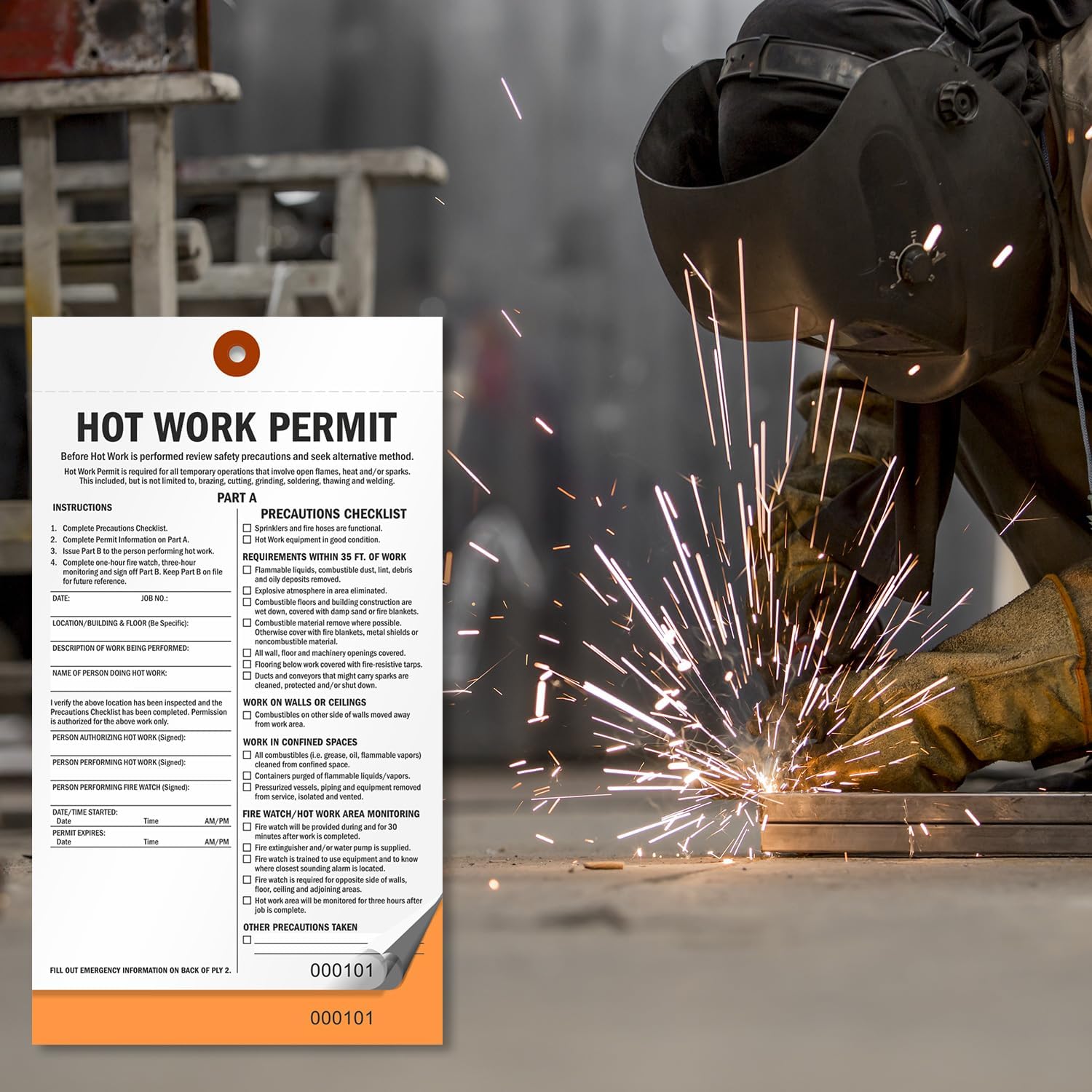 SmartSign 2-Part Hot Work Permit Tag (Pack of 25), 9.75 x 5.5 inch, 10 pt Thick Fluorescent Cardstock with Reinforced Fiber Patch (No Attachment), Sequentially Pre-Numbered Hot Work Permit Status Tag