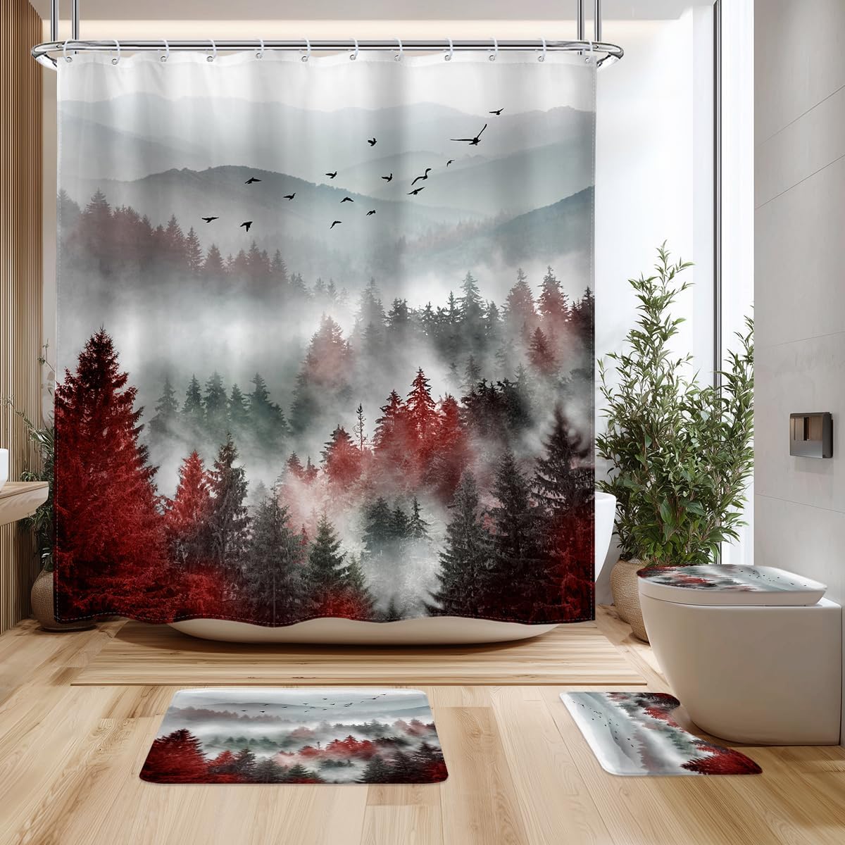 Riyidecor 4PCs Red Mountain Foggy Shower Curtain Bathroom Set with Non-Slip Rugs,Toilet Lid Cover and Bath Mat Nature Woodland Rustic Waterproof 12 Pack Hooks 72x72 inch Scenery Shower Curtain Decor