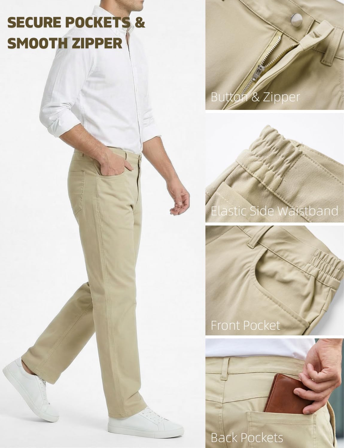Mens Chino Pants, Stretchy Slim Fit Khaki Pants Wrinkle-Resistant Casual Dress Pants