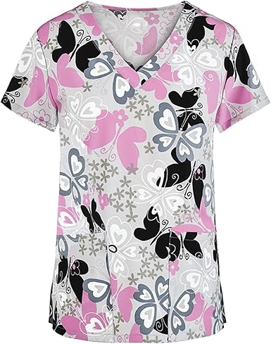OIOLOYJM Printed Scrub Tops Women Short Sleeve V Neck Plus Size Scrubs for Womens Nursing Uniforms Shirts with Pockets