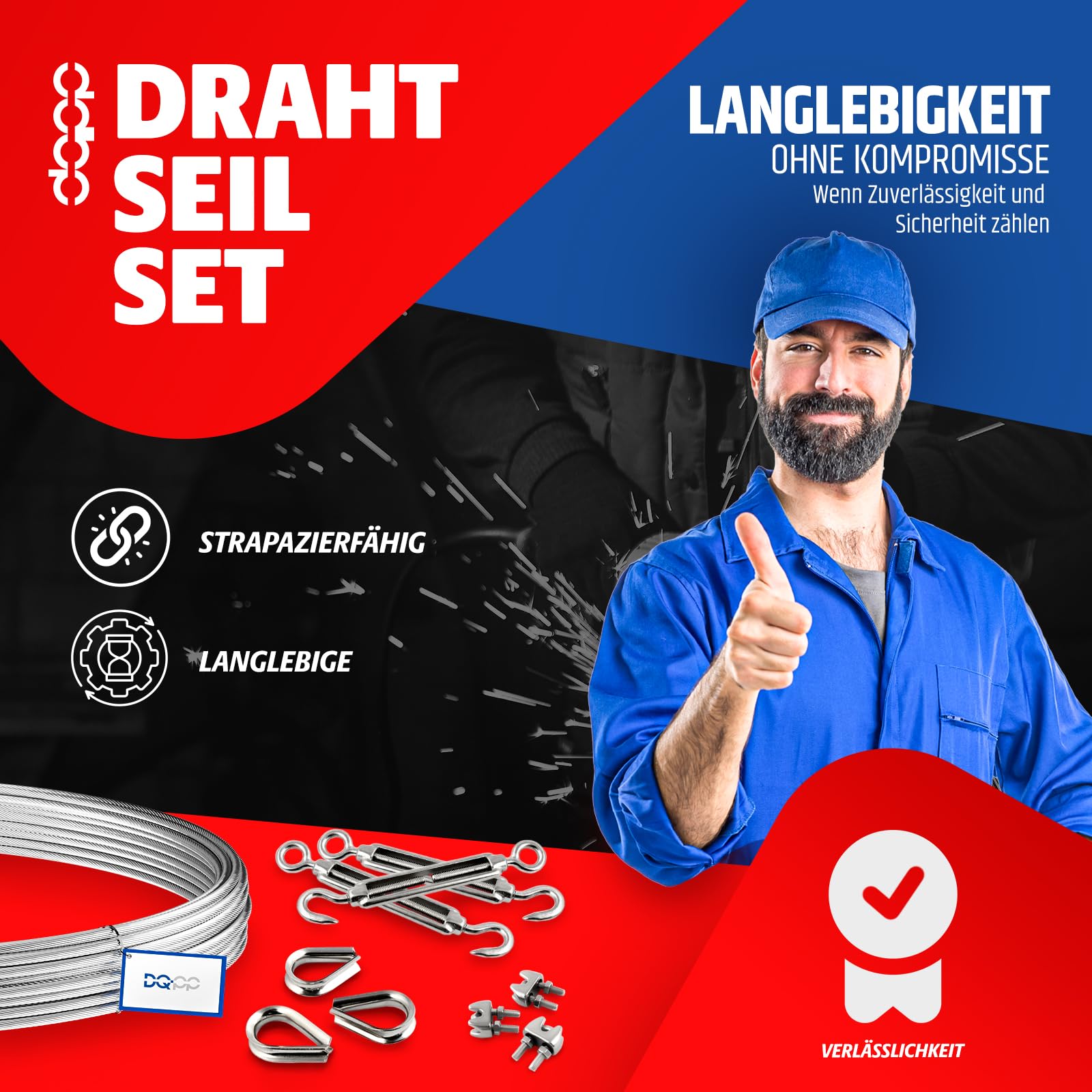 CONJUNTO 20m cable 8mm acero inoxidable cordaje hebra: 7x19 + 2 abrazaderas + 2 dedales