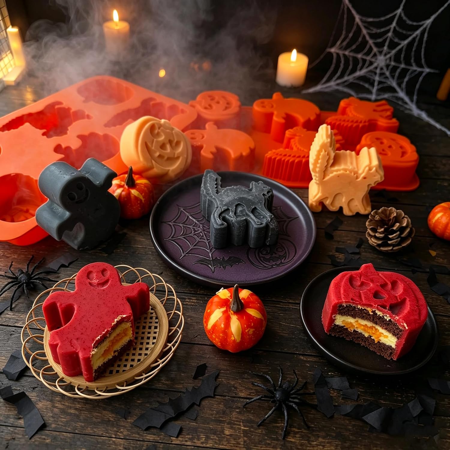 2 Pack Halloween Silicone Molds, 6 Cavity Ghost Pumpkin Black Cat Silicone Mold Halloween Chocolate Candy Molds for Cake Baking, Jello, Soap, Wax Melts, Candle, Halloween Party Decorations
