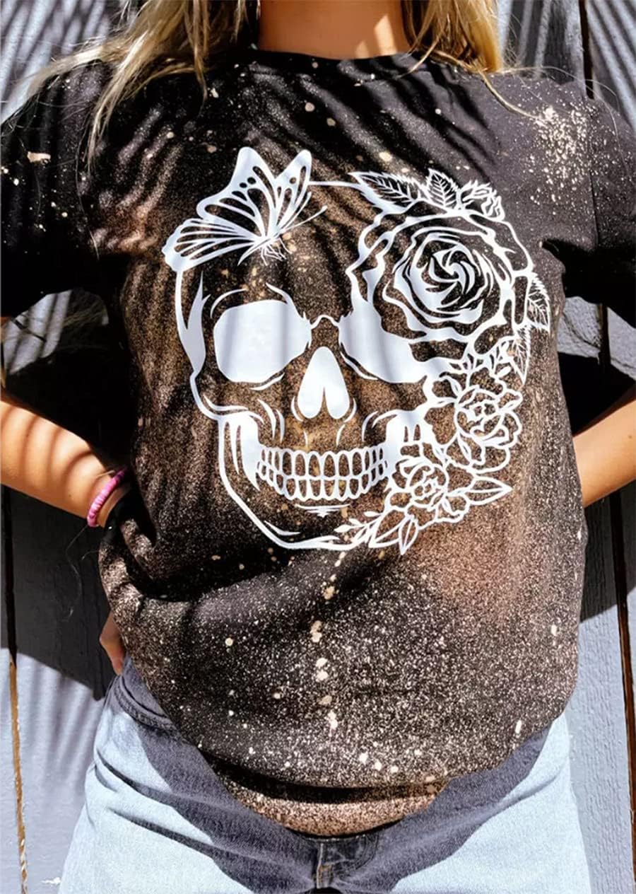 Skull Floral T-Shirt Women Funny Skull Face Graphic Shirt Vintage Summer Casual Short Sleeve Tops Tee - Image 3