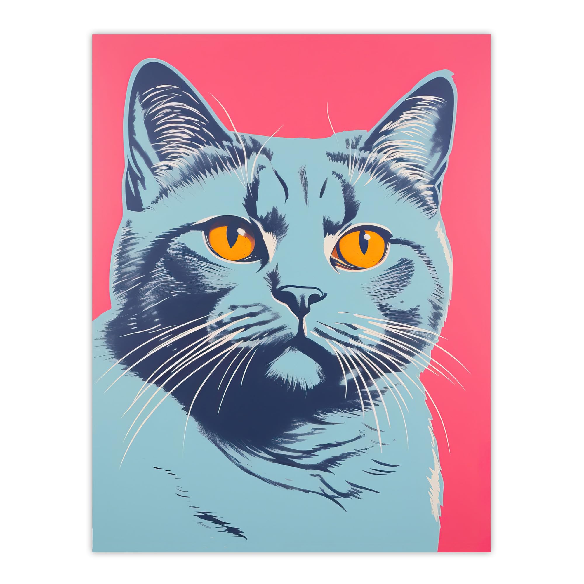 Artery8 British Shorthair Cat Blue On Coral Pink Bold Vibrant Screen Print Risograph Artwork Spot Block Colour Duotone Retro Riso Interior Design Extra Large XL Wall Art Poster Print