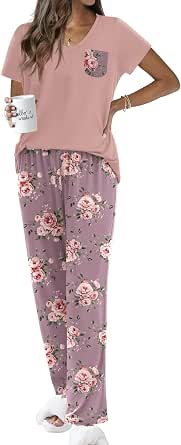 Ekouaer Women's 2-Piece Short Sleeve Pajama Set with V-Neck and Printed Long Pants