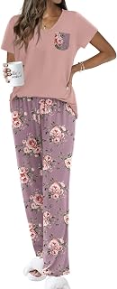 Ekouaer Pajama Sets for Women 2 Piece Short Sleeve Pj V Neck Chest Pocket