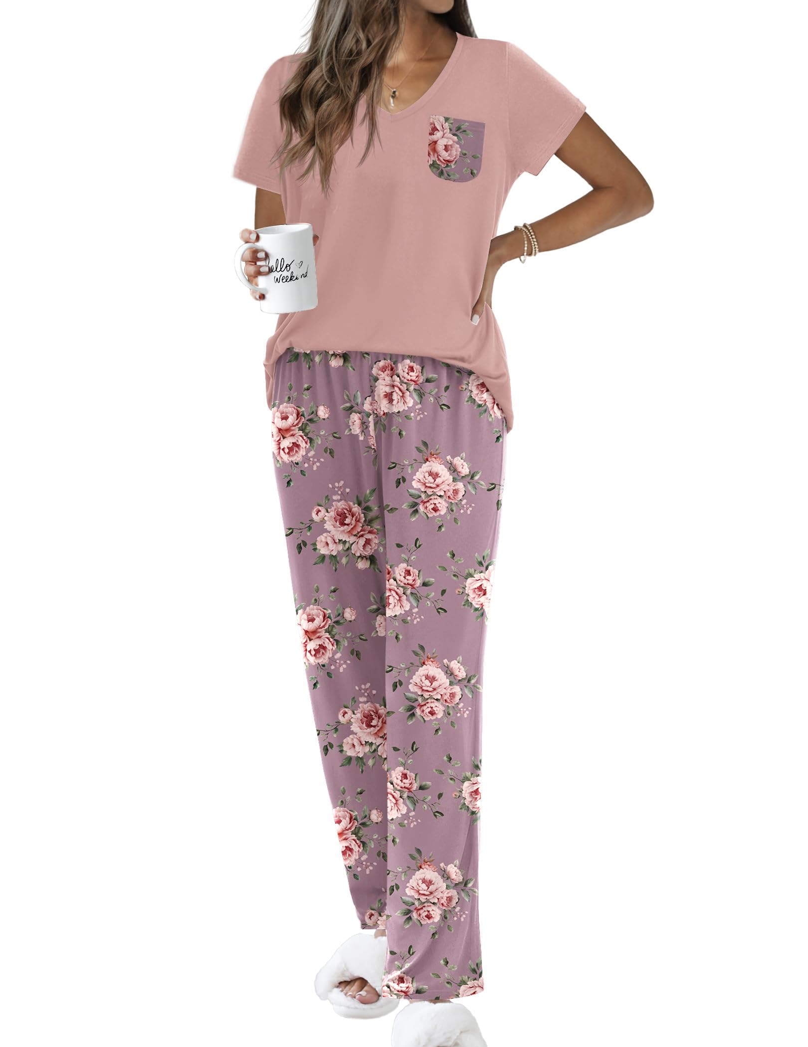 Ekouaer Pajama Sets for Women 2 Piece Short Sleeve Pj V Neck Chest Pocket ISCC PLUS