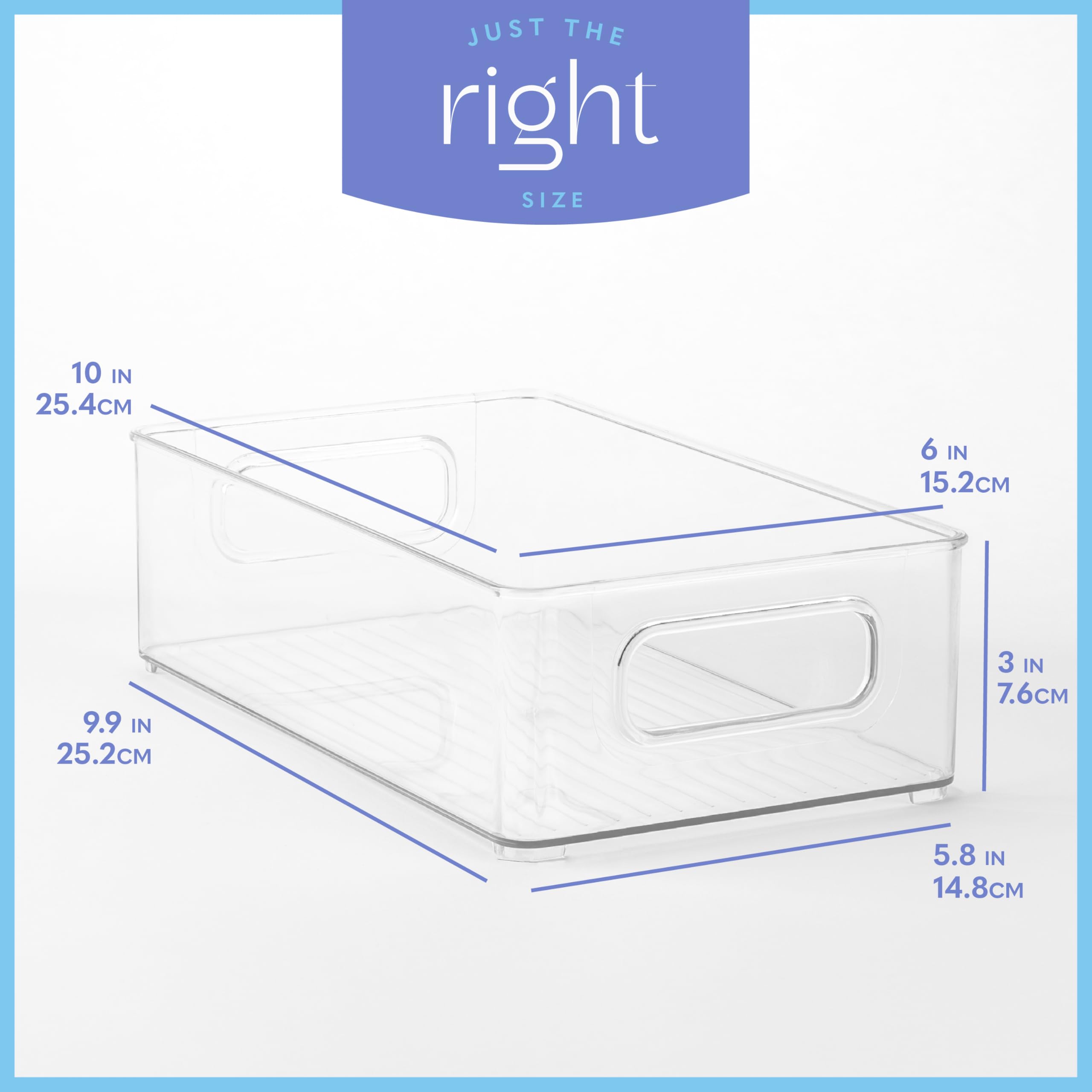 Contenedor de plástico transparente para almacenamiento de alimentos con asas para organizar cocina, despensa, refrigerador, congelador, despensa, armario, baño. Apilable, 10 x 6 x 3 pulgadas