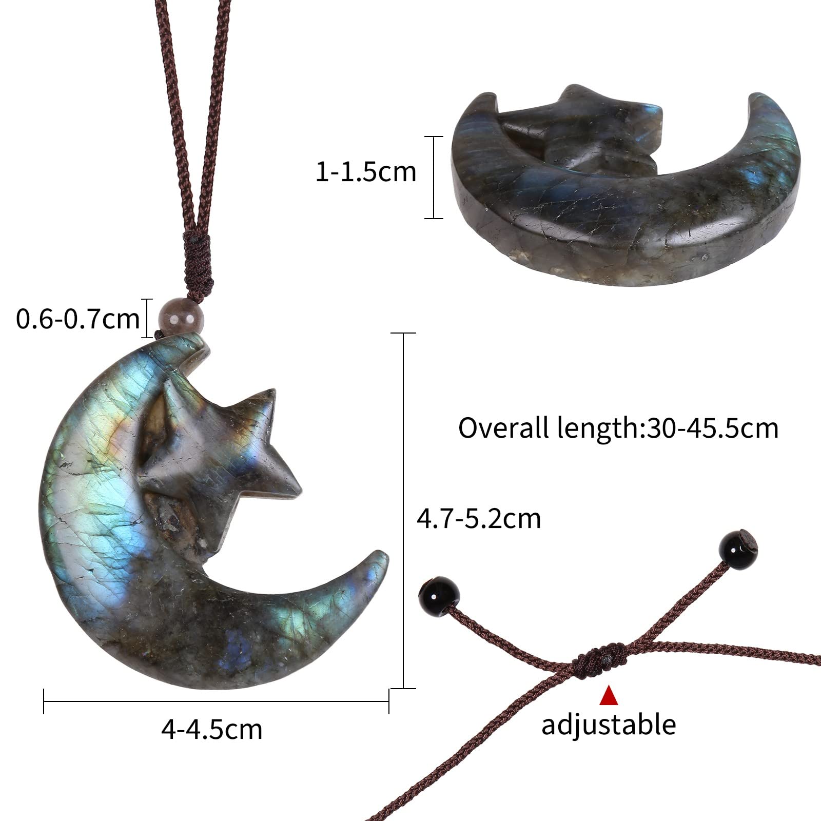 KYEYGWO Natural Labradorite Pendant Necklace with Adjustable Cord, Crystal Star Moon Necklace Gothic Jewellery Gifts for Men Women - Image 3