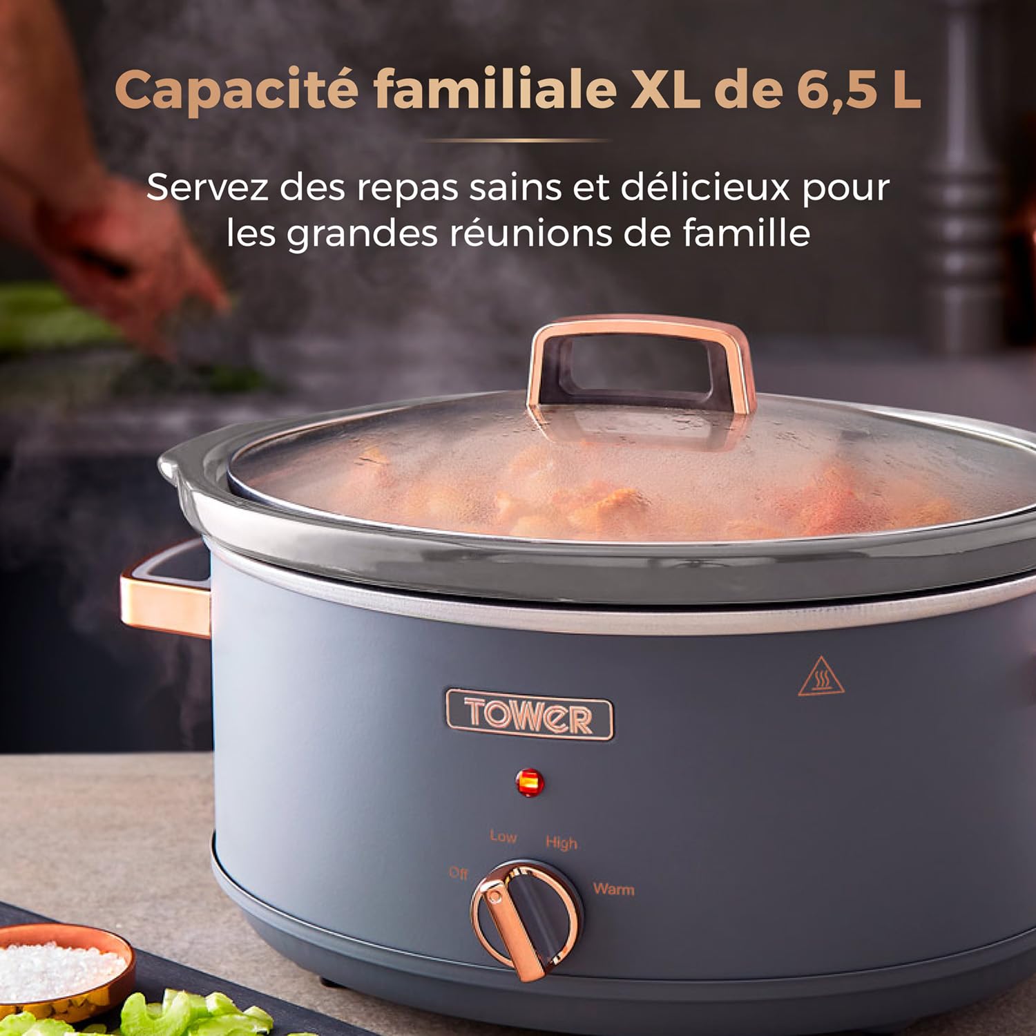 Tower T16043GRY Cavaletto Mijoteuse Électrique 6,5 L - Mijoteuse - Poêle Électrique avec 3 Réglages de Chaleur, Poignées Toucher Froid, Gris et Or Rose