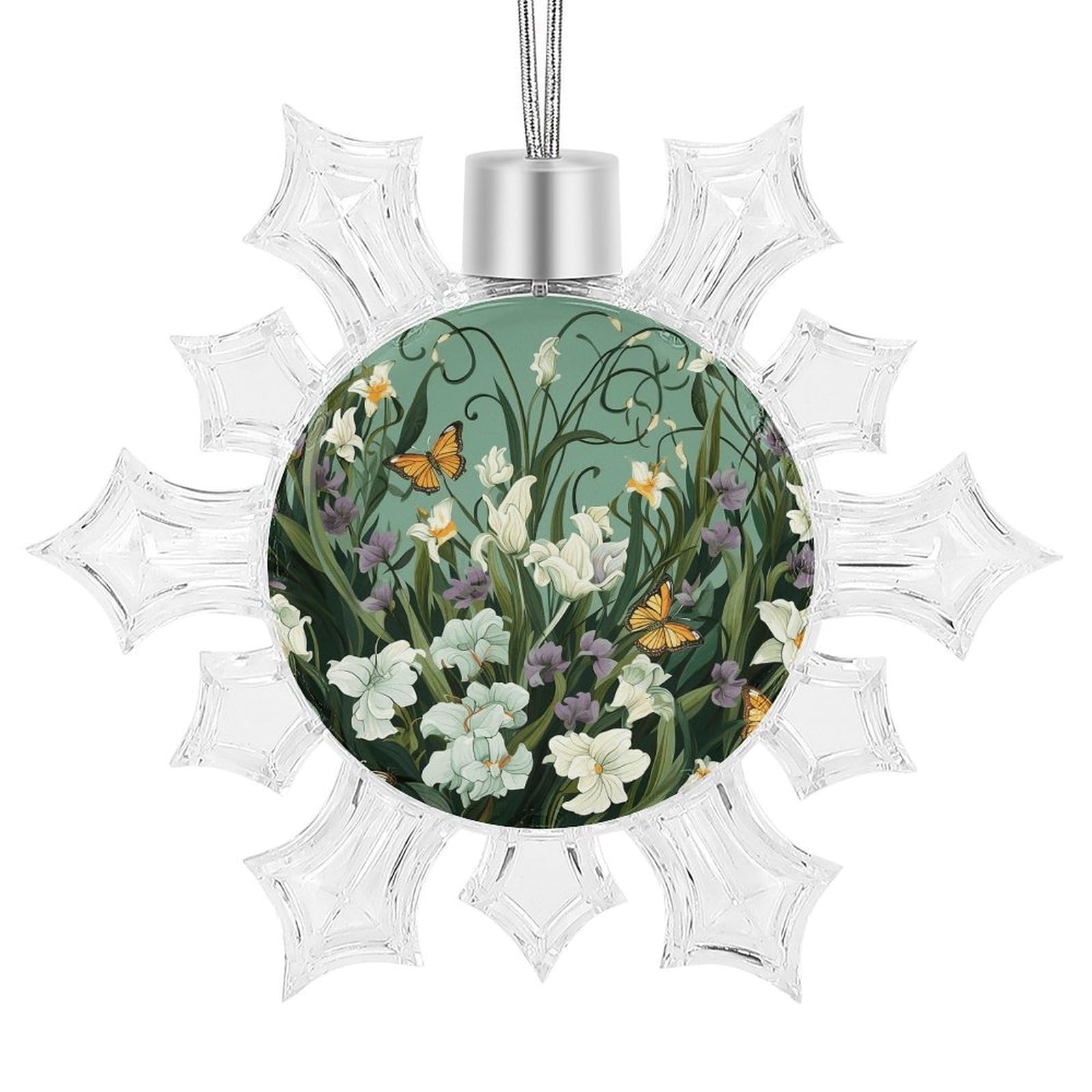 Flowers and Butterflies on Green Background Snowflake Ornaments Cute Snowflake Pendant Exquisite Christmas Tree Ornaments for Christmas Weddings New Year Birthday Holiday Celebration