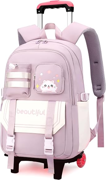 Cat Print Rolling Backpack for Girls Kids Backpack with Wheels Roller Bookbag Trolley School Bag Wheeled Bag