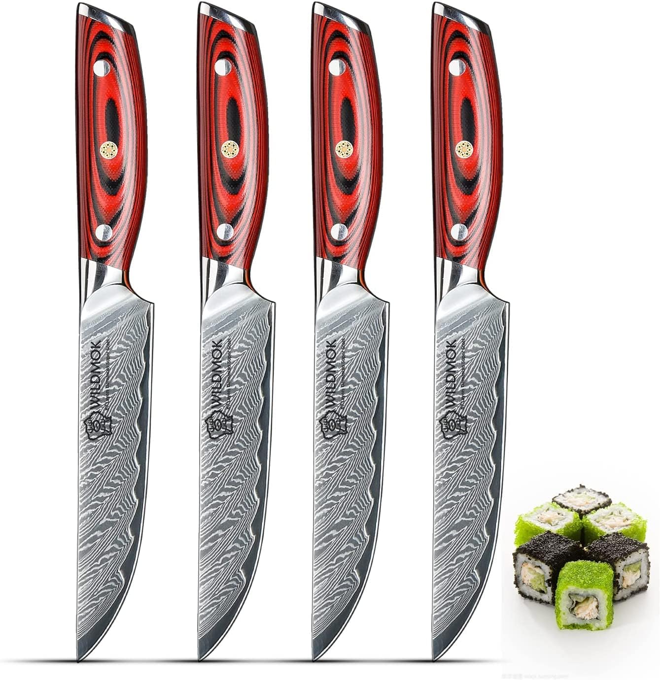 WILDMOK 5 Inch Damascus Steak Knives Set, 4pcs Sharp Professional Steak Kitchen Knives, Japanese Super VG10 Steel Multifunction Kitchen Knife with Full Tang G10 Handle