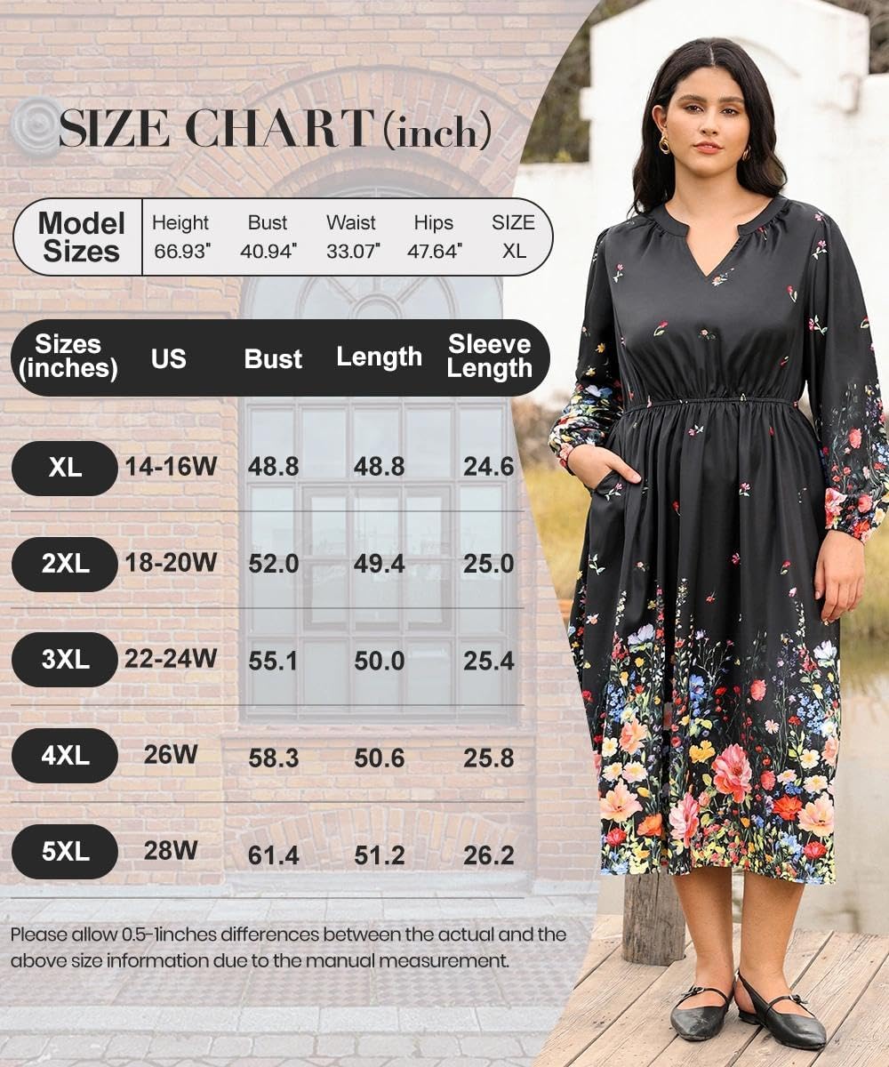 TIYOMI Women's Fall Maxi Dress Plus Size 5X Long Sleeve V Neck Black Floral Dress Flowy Cocktail Party Dresses for Curvy Women Casual Maxi Fall Spring Formal Dresses 5XL 28W - Image 8