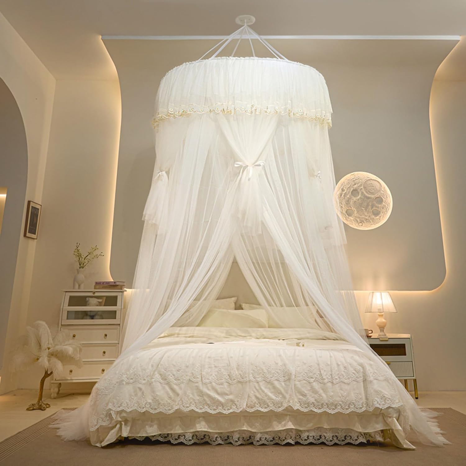 AETVRNI Princess Canopy Extra Large Mosquito Net for Bed, 110 Inches Tall Decorative Canopy Net for Summer,Ceiling Mounting Bed Curtains for Single Twin Full Queen King Cal King Bed,White