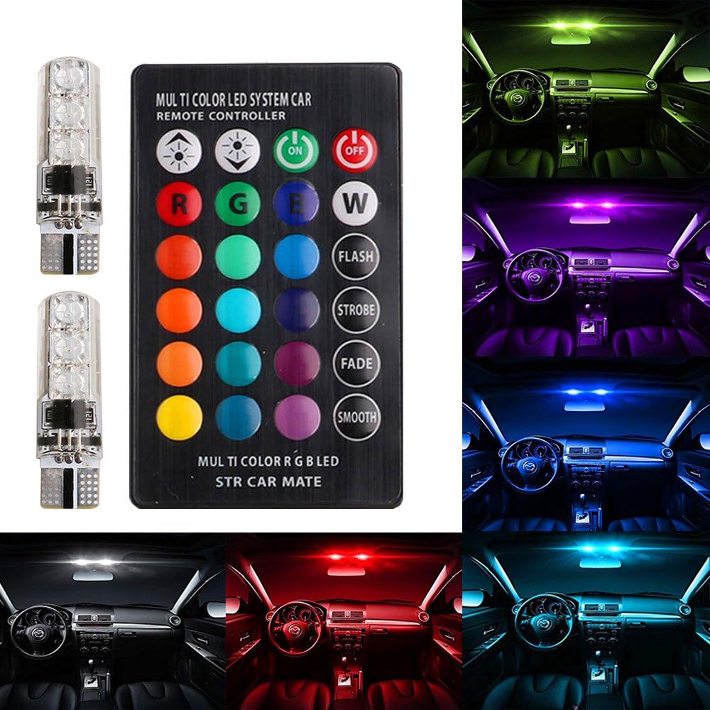 BlyilyB Strobe RGB T10 W5W 5050 LED Bulb With Remote For Reading Lamp Sidemaker Light Tail Light (Pack of 2)