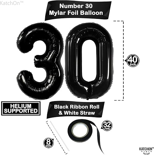 Miniatura 4 de KatchOn, Juego de globos negros del número 30, 40 pulgadas, globos negros de cumpleaños del número 30 para decoraciones de cumpleaños n. 30 para
