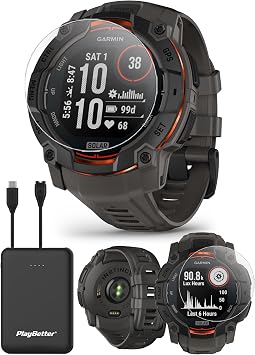Garmin Instinct 3 Solar 50mm Black/Charcoal Outdoor GPS Watch Bundle | Metal Reinforced Bezel, Built-in Flashlight, Unlimited Battery | Includes PlayBetter Portable Charger & Screen Protectors