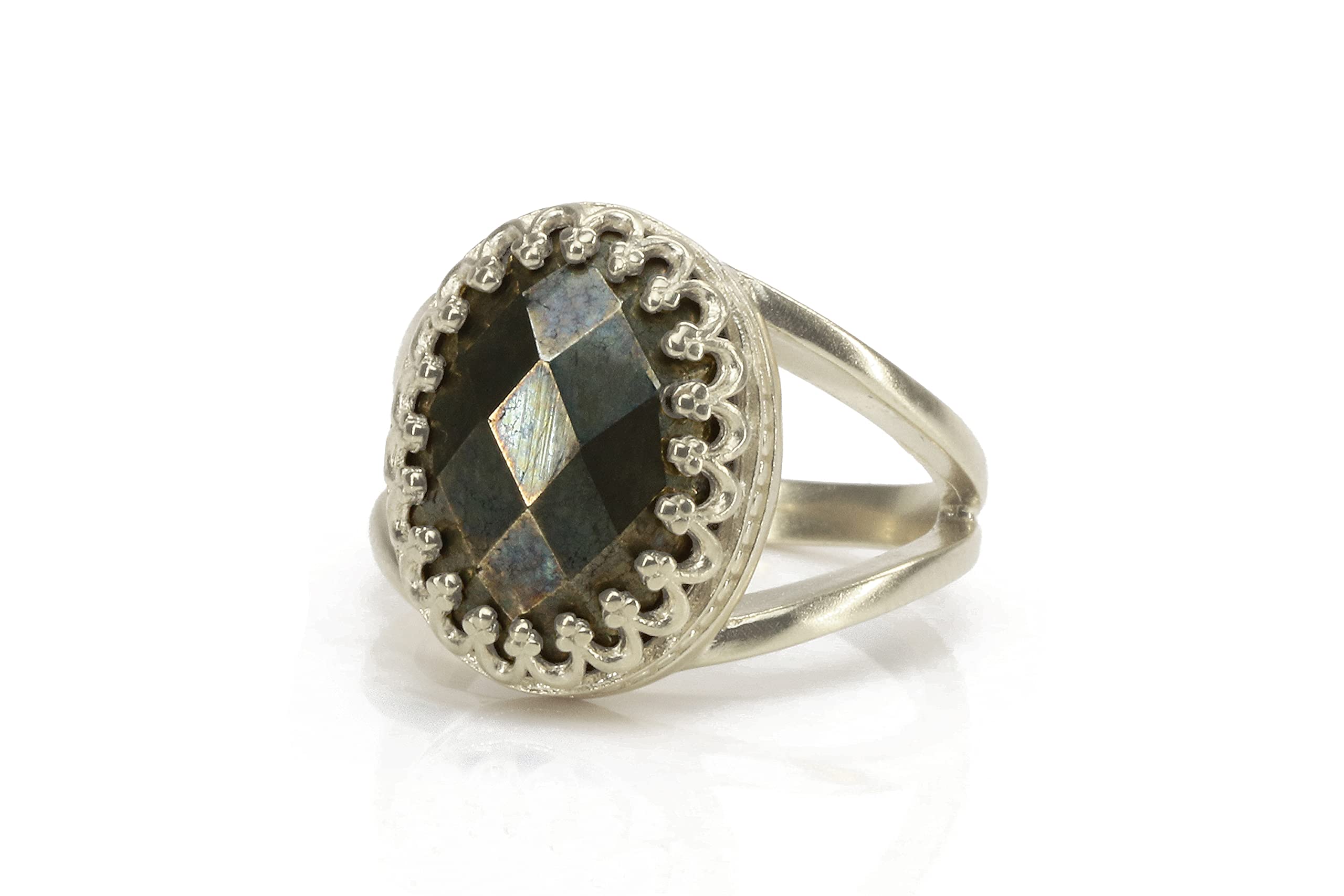 Anillo de Doble Banda de Piedra de Pirita - Anillos de Oro Rosa Personalizados para Mujeres - Anillo Ovalado de Compromiso, Boda, Moda, Promesa, Regalo para su Cumpleaños, Aniversario, Vacaciones