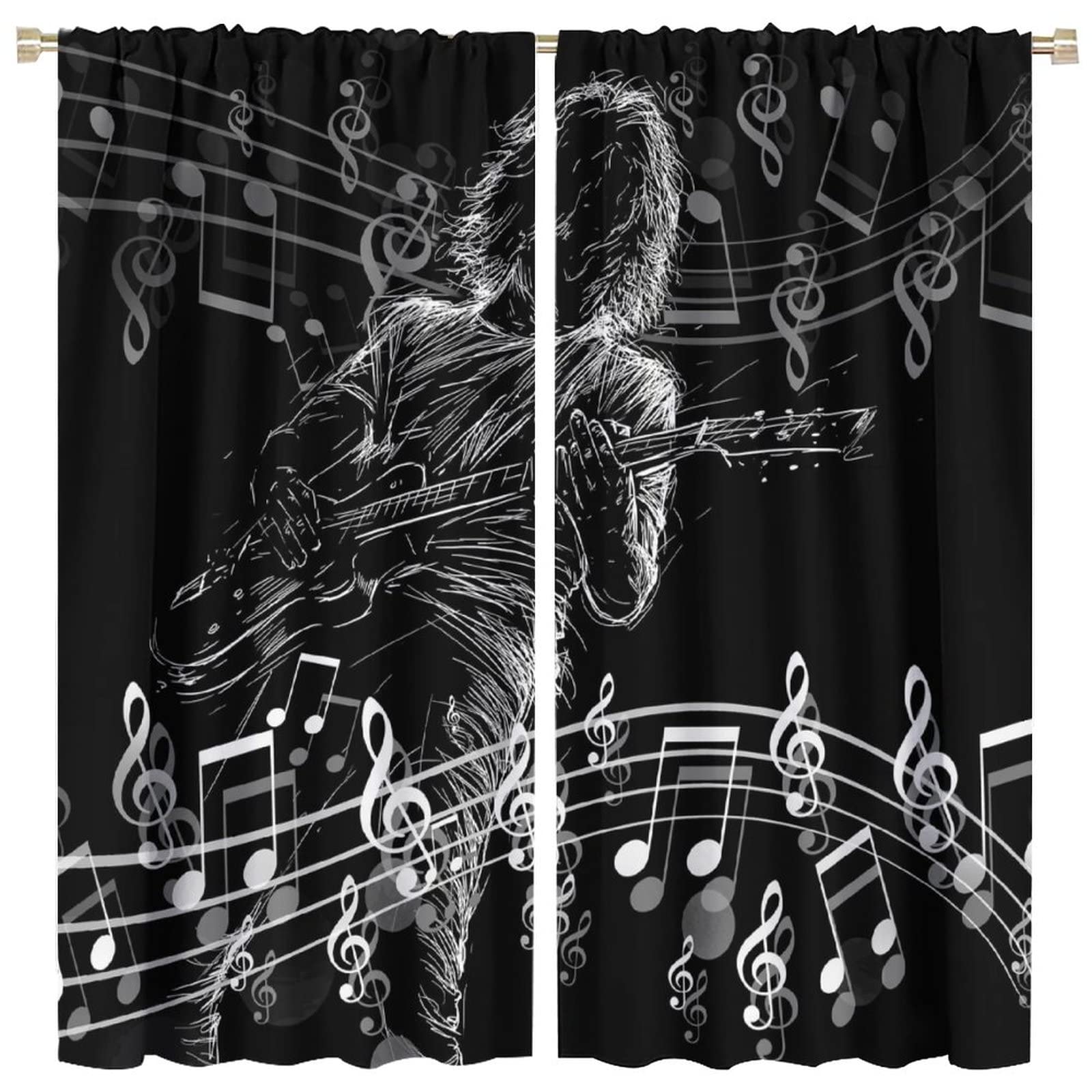 Guitar Music Blackout Curtains,Rock Roll Music Musical Notes Instrument Punk Window Treatments Curtains for Kids Teens Boys Bedroom Living Room Decor W63xL63in
