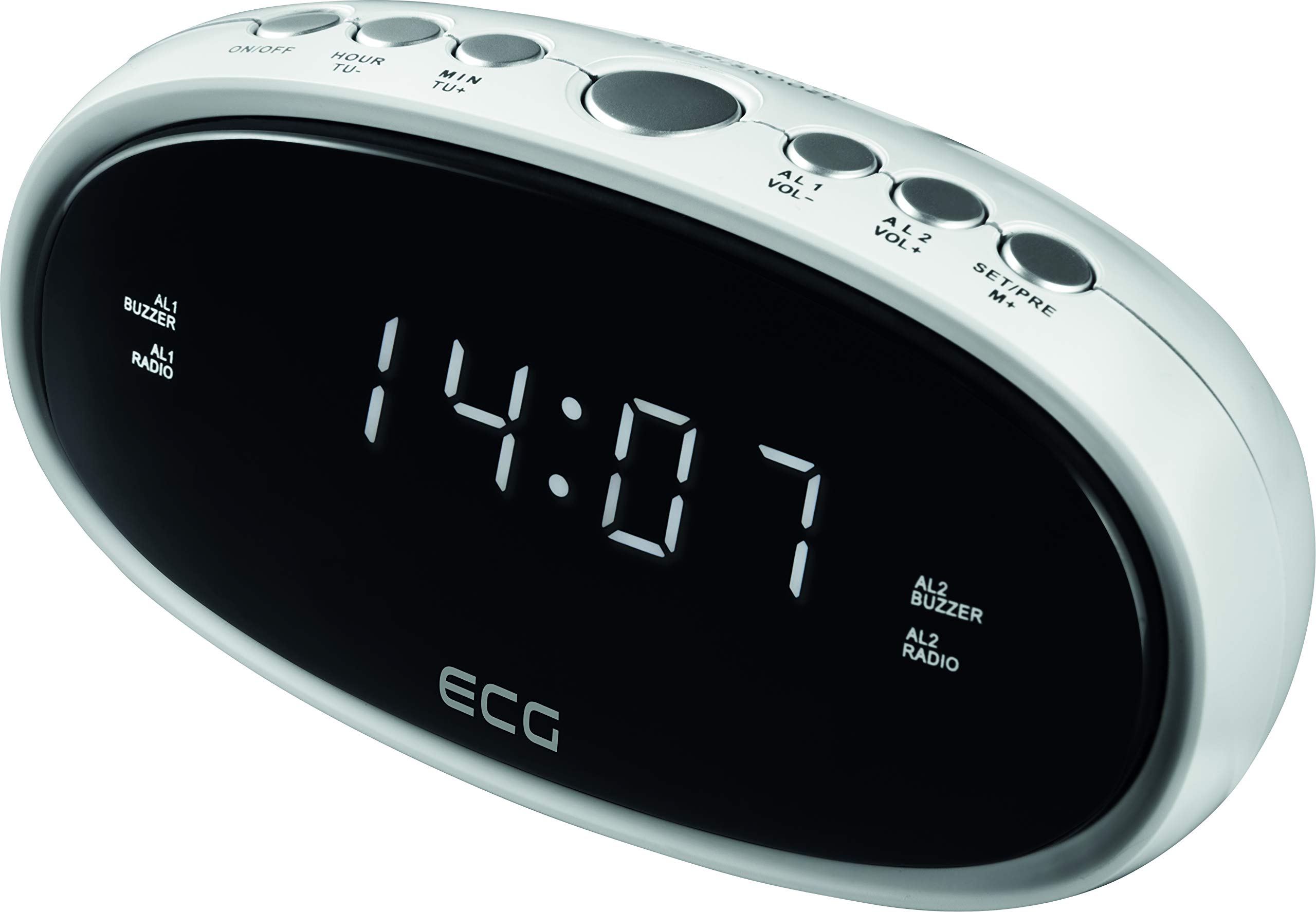 ECG RB 010 White Radiowecker – FM Tuner; 10 Vorwahlen; Digitale Uhr/Wecker; Wecken durch Radio/Wecker; Funktion aufgehobene Weckzeit; Ausschalt-Timer Weiß, 1