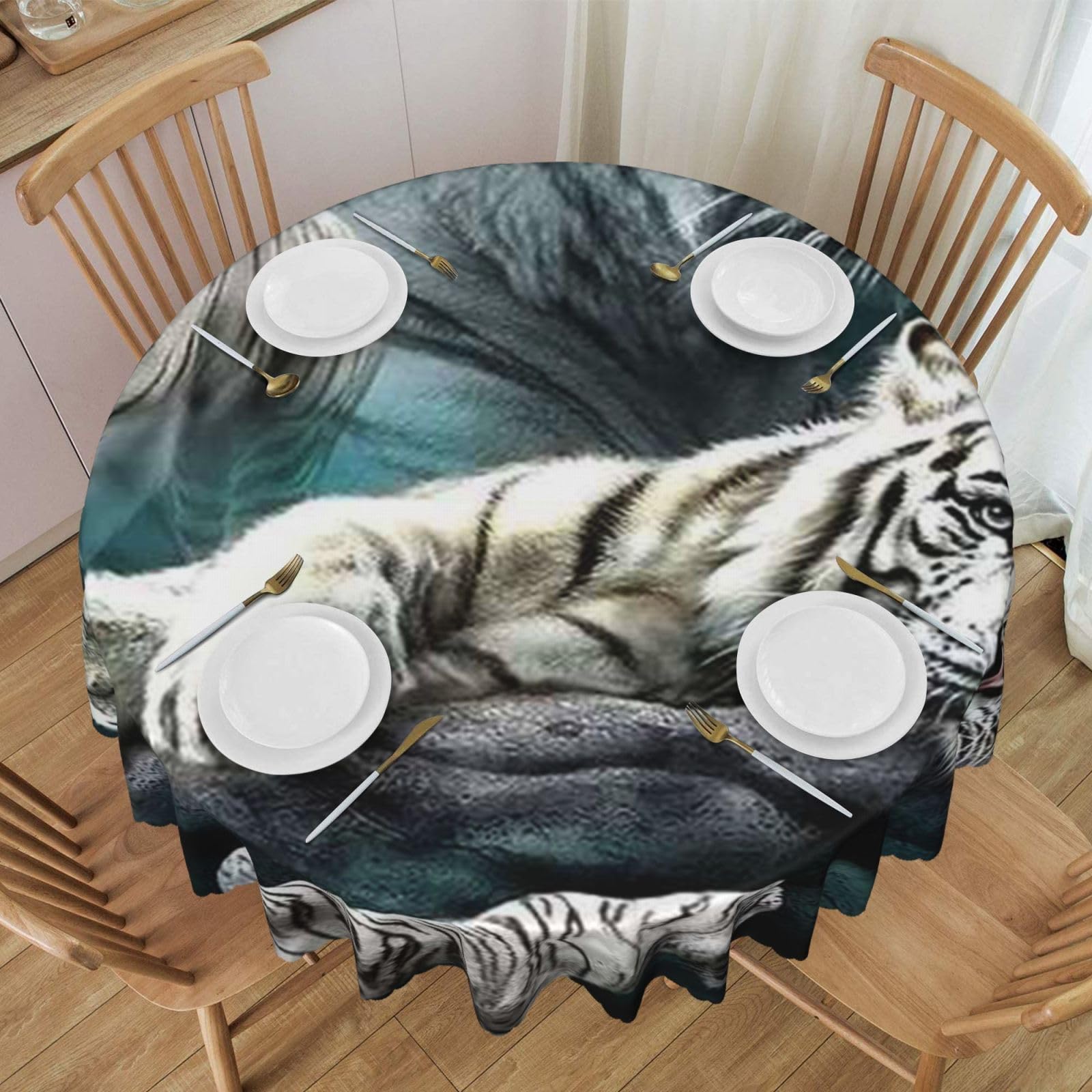 DCEHGEW 60 In Round Tablecloth with Lace, Many white tigers Printed Oilproof & Washable Fabric Picnic Table Cloth Table Covers