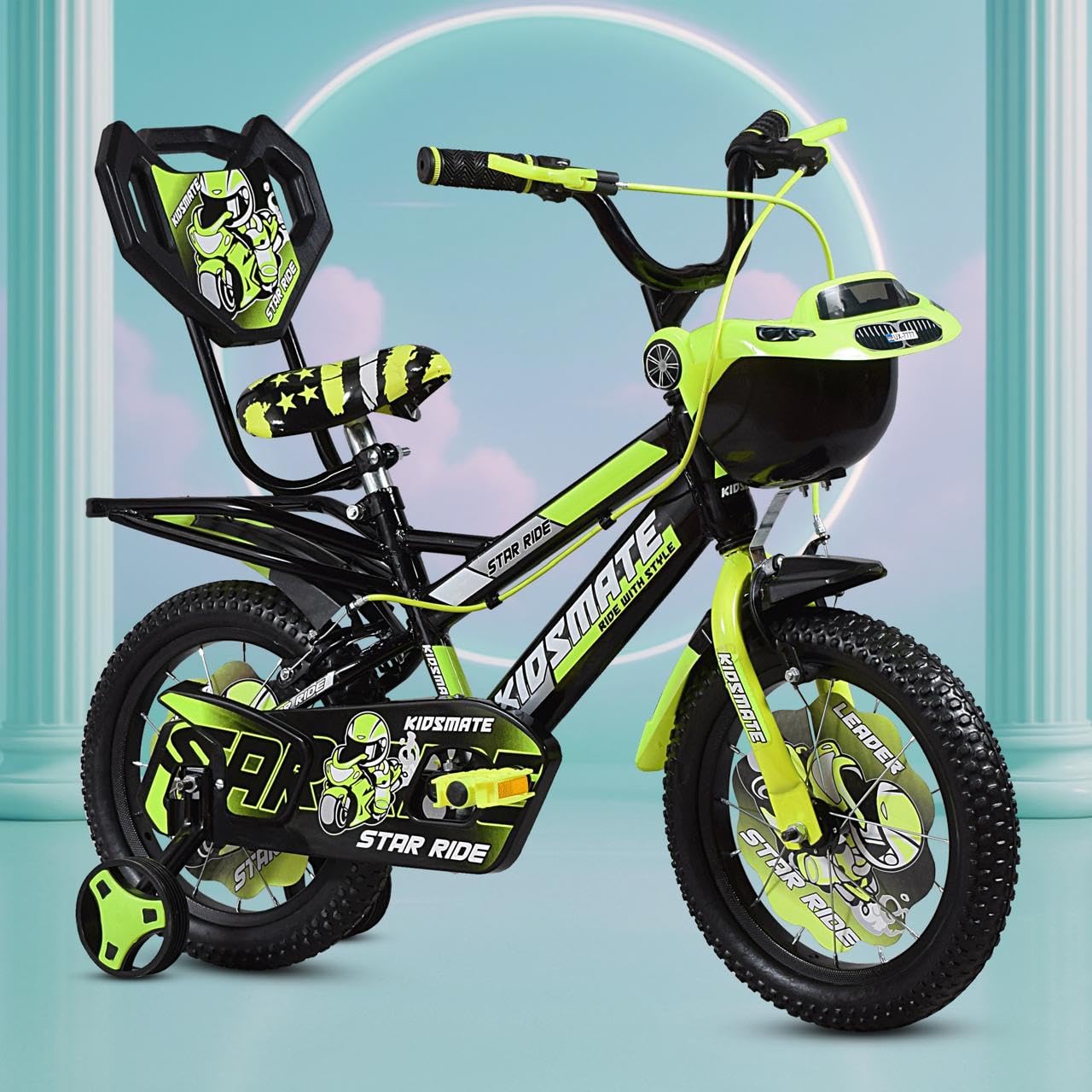 Kidsmate Star Ride 16T Kids Bicycle with Training Wheels | Cycle for Kids Featuring Front Basket, Adjustable Seat & Strong Steel Frame | Perfect First Ride Kids Cycle for 5-8 Years - Neon Green-image-46
