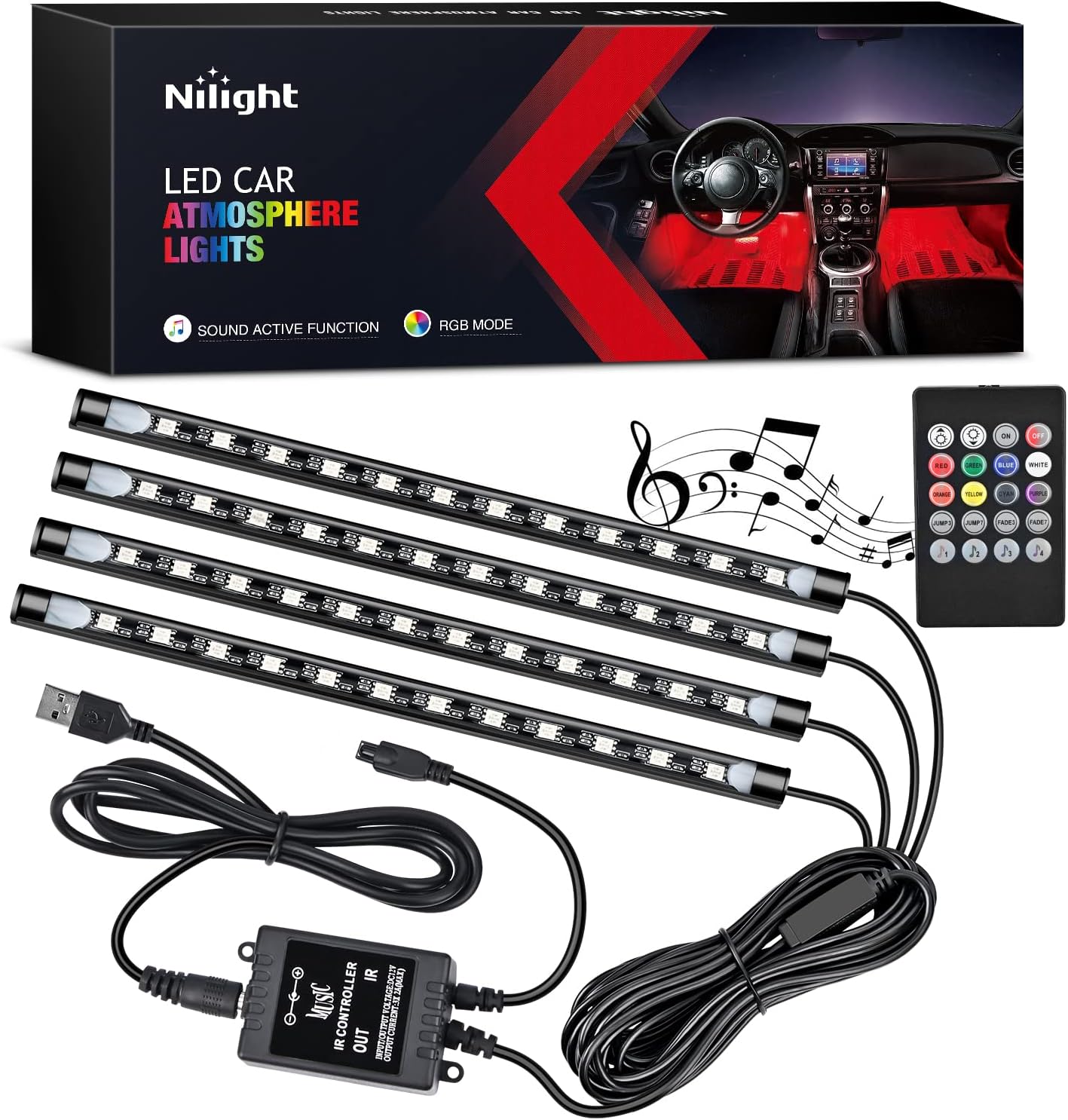 Nilight 48 LEDs DC 5V Multicolor Music Car Strip Light Under Dash Lighting Kit with Sound Active Function