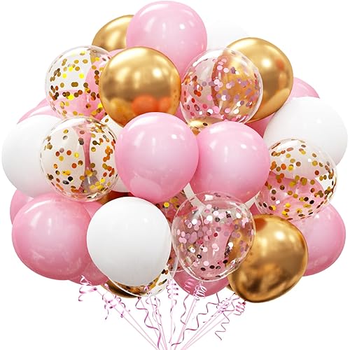 OuMuaMua 60Pcs Pink Gold Confetti Latex Balloons Kit, 12 Inch Pink White Gold Helium Mother's Day Balloons Party Supplies for Confession Proposal Wedding Girl Birthday Baby Shower Party Decoration
