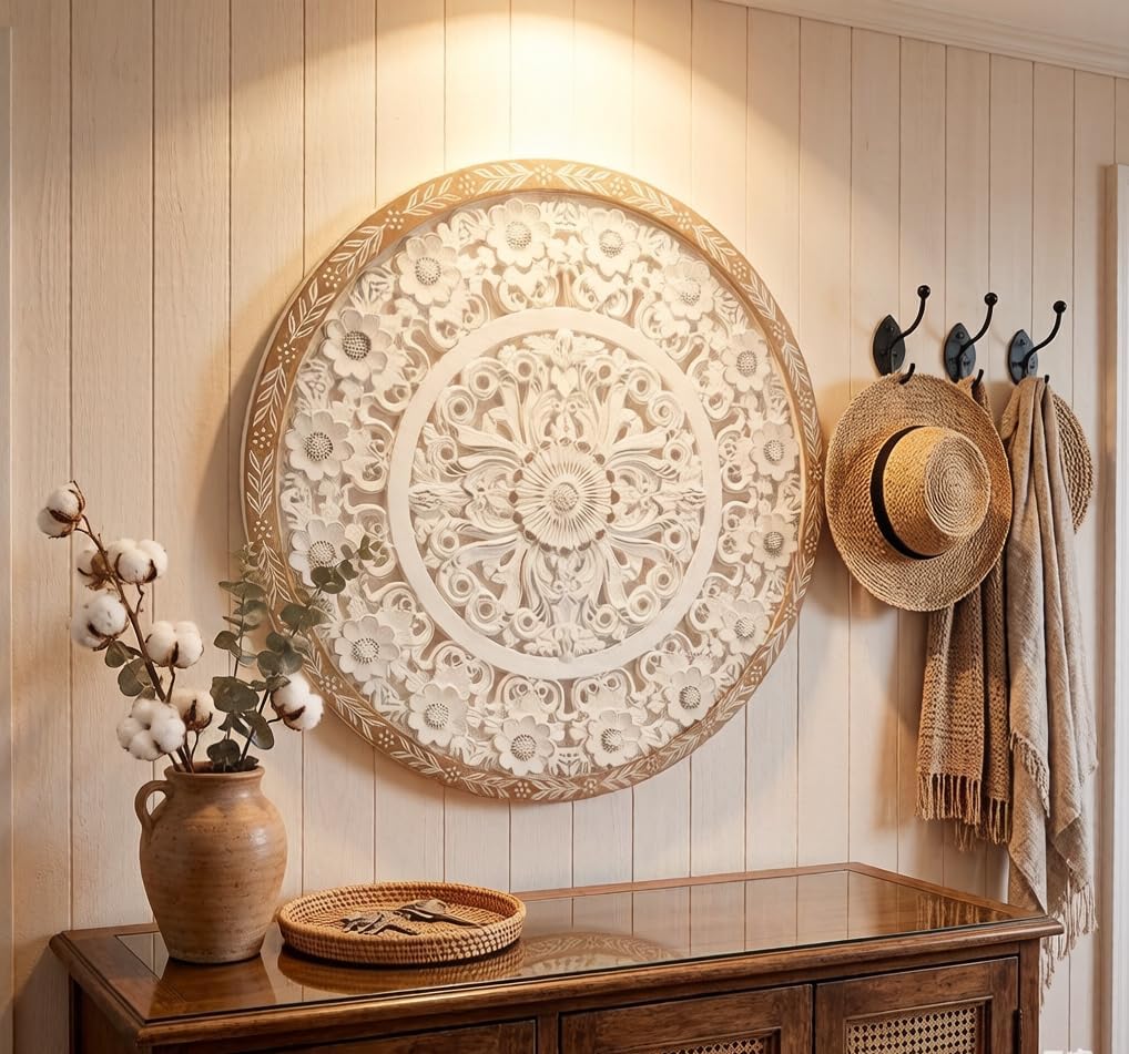 TwinLakes Wooden Carved Mandala Wall Sculptures, Farmhouse Cutout Floral Wall Panel, Bohemian Wall Art for Living Room, Bedroom, Kitchen, Entryway, 24.8’’