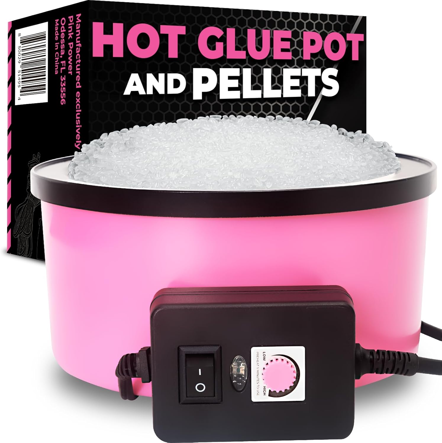 Pink Power Electric Hot Glue Pot for Crafts with 1lb Pellets, Hot Melt Glue Skillet for Crafting - Adjustable Temp 225-400 F 160ml
