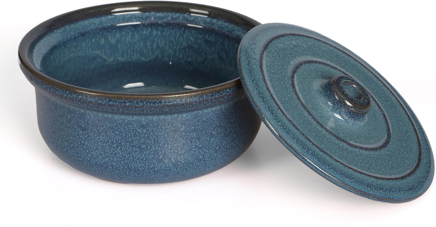 Handmade Stoneware Ceramic Casserole Dish Bakeware with Lid, 3.4 Quart, 10"W x 5"D, Oven to Table Ceramic Round Dish for Dinner and Party-Ocean Blue Color