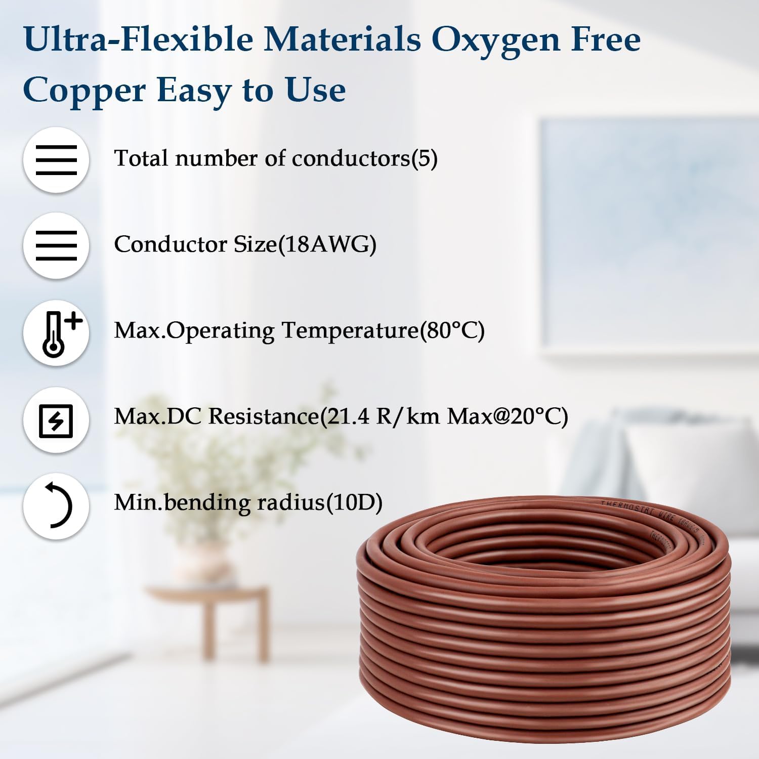 18AWG Thermostat Wire 18/5 Solid Copper – 5 Conductor Low Voltage HVAC Cable for Thermostats, Alarm Systems, Doorbells, Multi-Color, 100FT