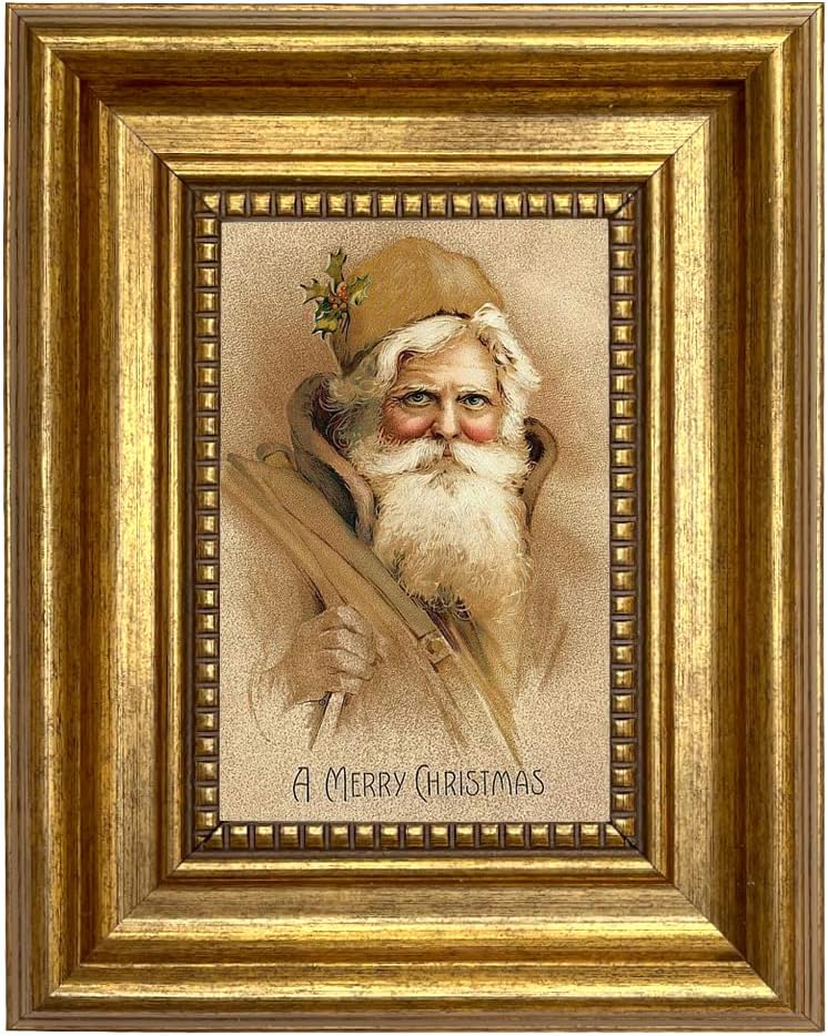 Schooner Bay Co. Father Christmas Victorian Antique Style Framed Print Gold Wall Art Decor 7-1/2" x 9-1/2"