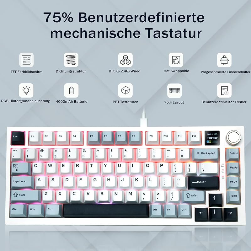 HUO JI Vezeték Nélküli Gaming Mechanikus Billentyűzet 81 Gombos RGB Háttérvilágítás 4000mAh Akkumulátor Fehér