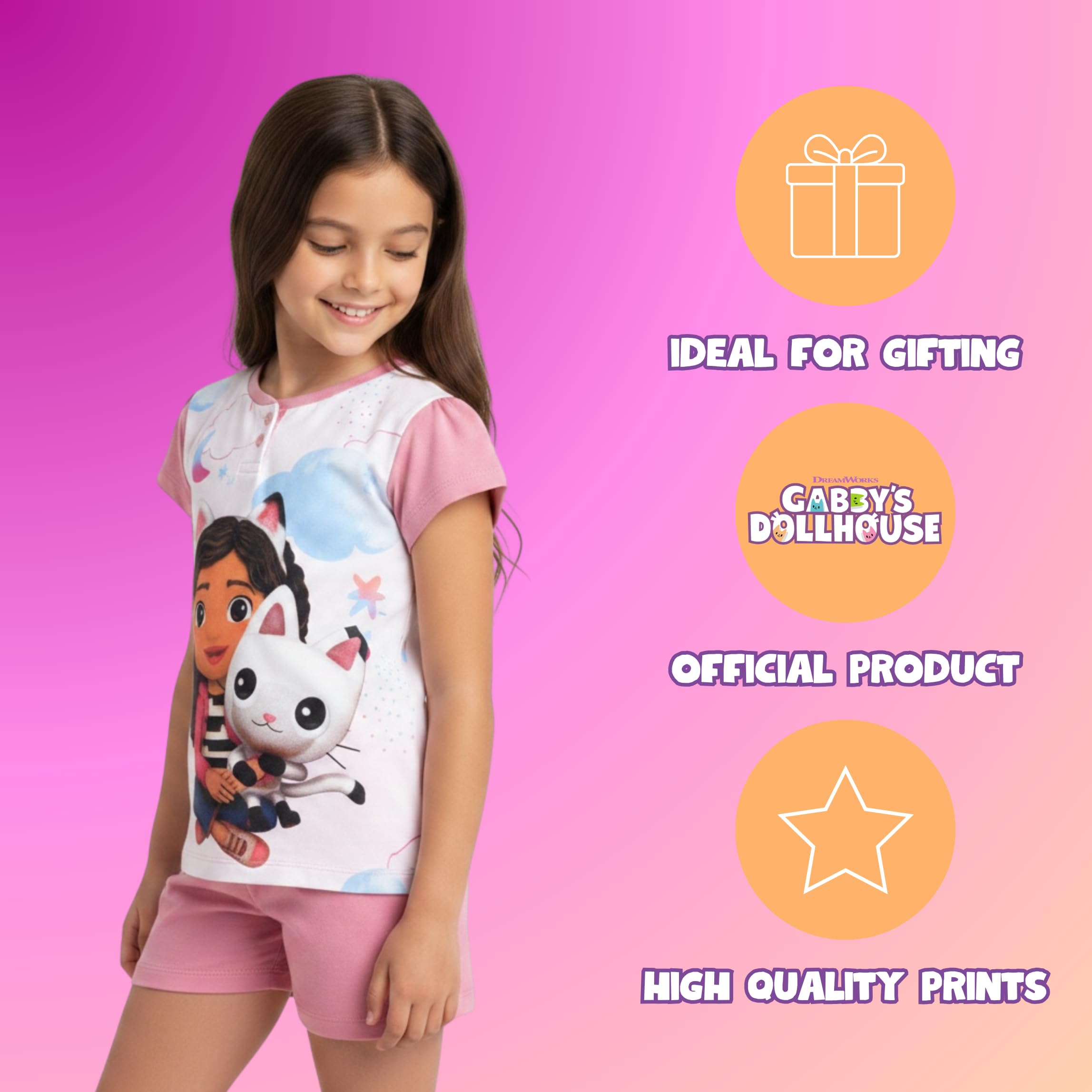 Gabby's Dollhouse Camiseta y Pantalón Corto para Niña, Pijama Conjunto 2 Piezas para Niñas, Incluye Caja de Regalo, Tallas 3 a 8 Años