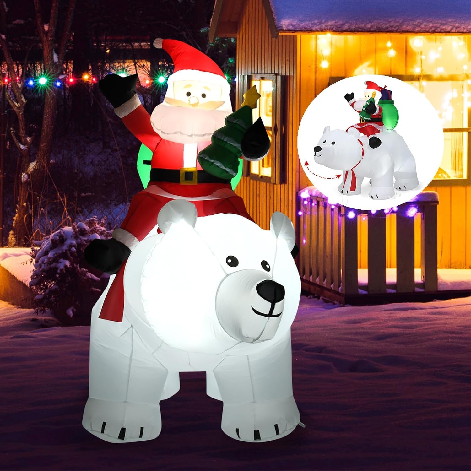 GOPLUS 175CM Papá Noel sobre Oso Polar Inflable con Cabeza Agitada, Decoración Navidad Exterior Iluminada con Luz LED y Accesorios de Montaje, Adornos Navidad Grande para Jardín